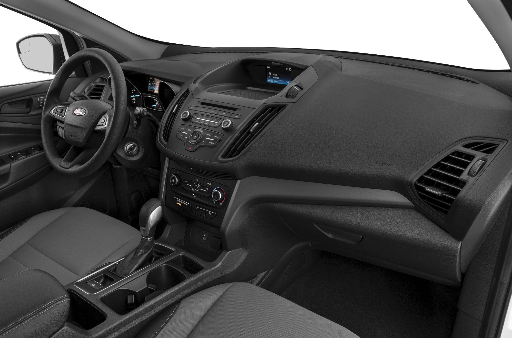 Dashboard, steering wheel, center console with controls and gear selector
