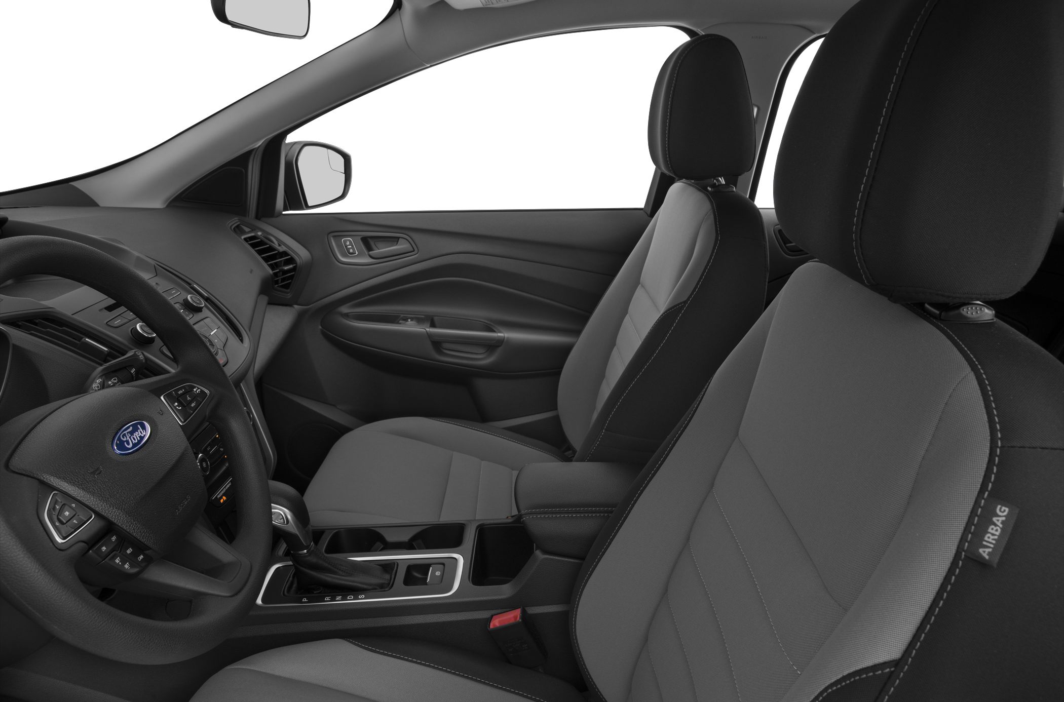 Car interior with front seats, steering wheel, and center console