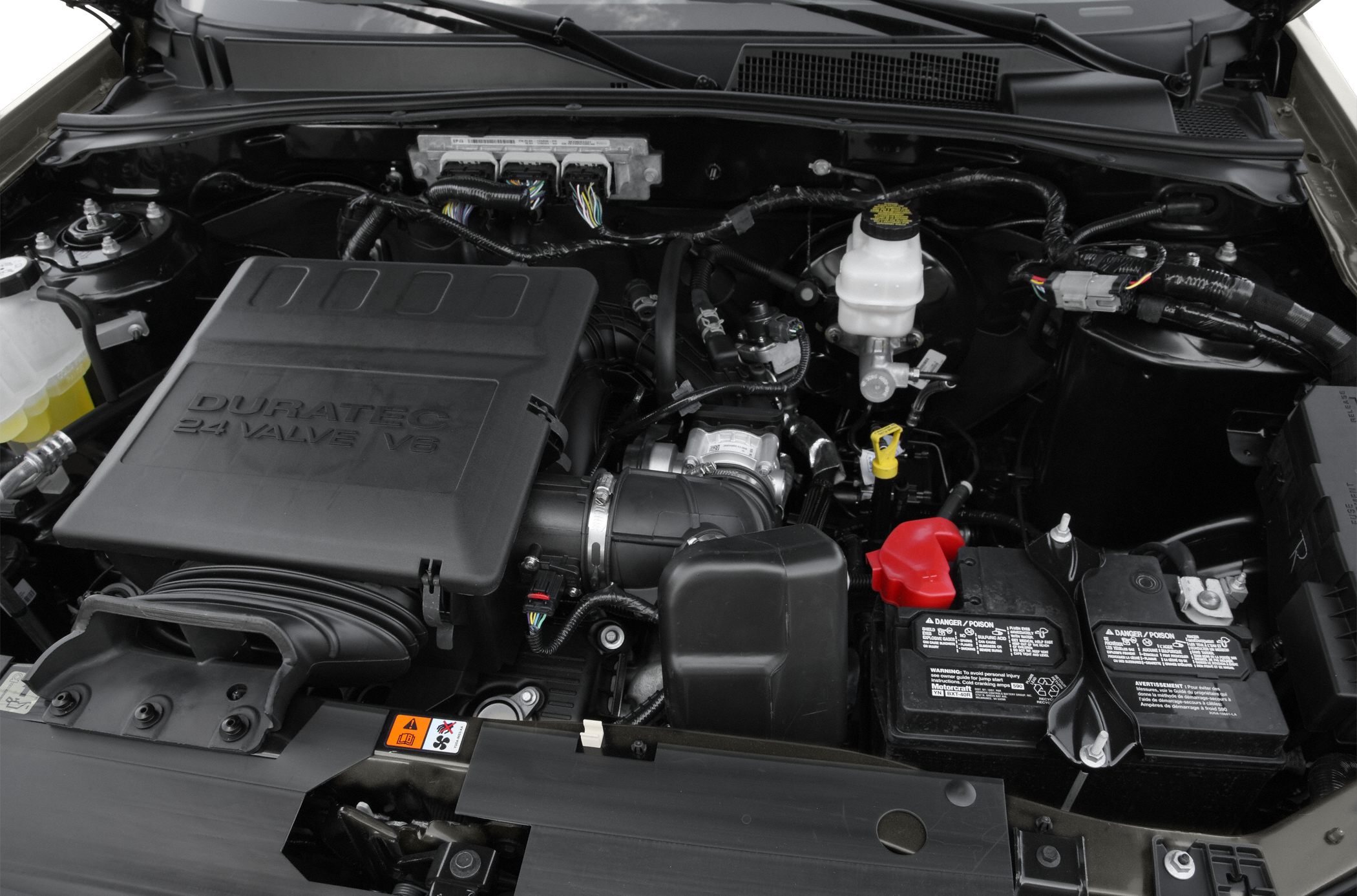 Duratec 24 valve V6 engine bay with battery and brake fluid reservoir