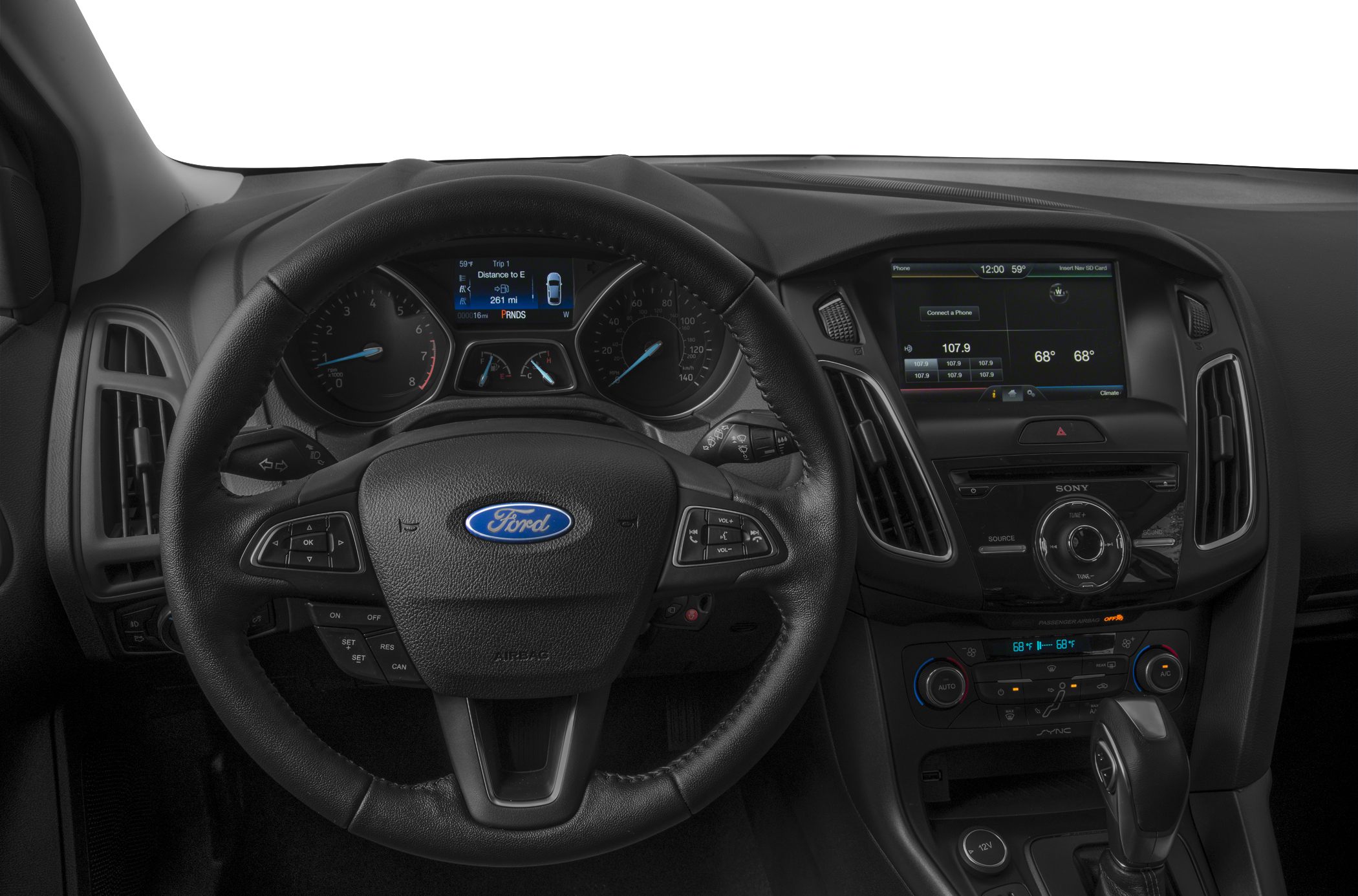 Modern dashboard with digital displays and multifunction steering wheel.