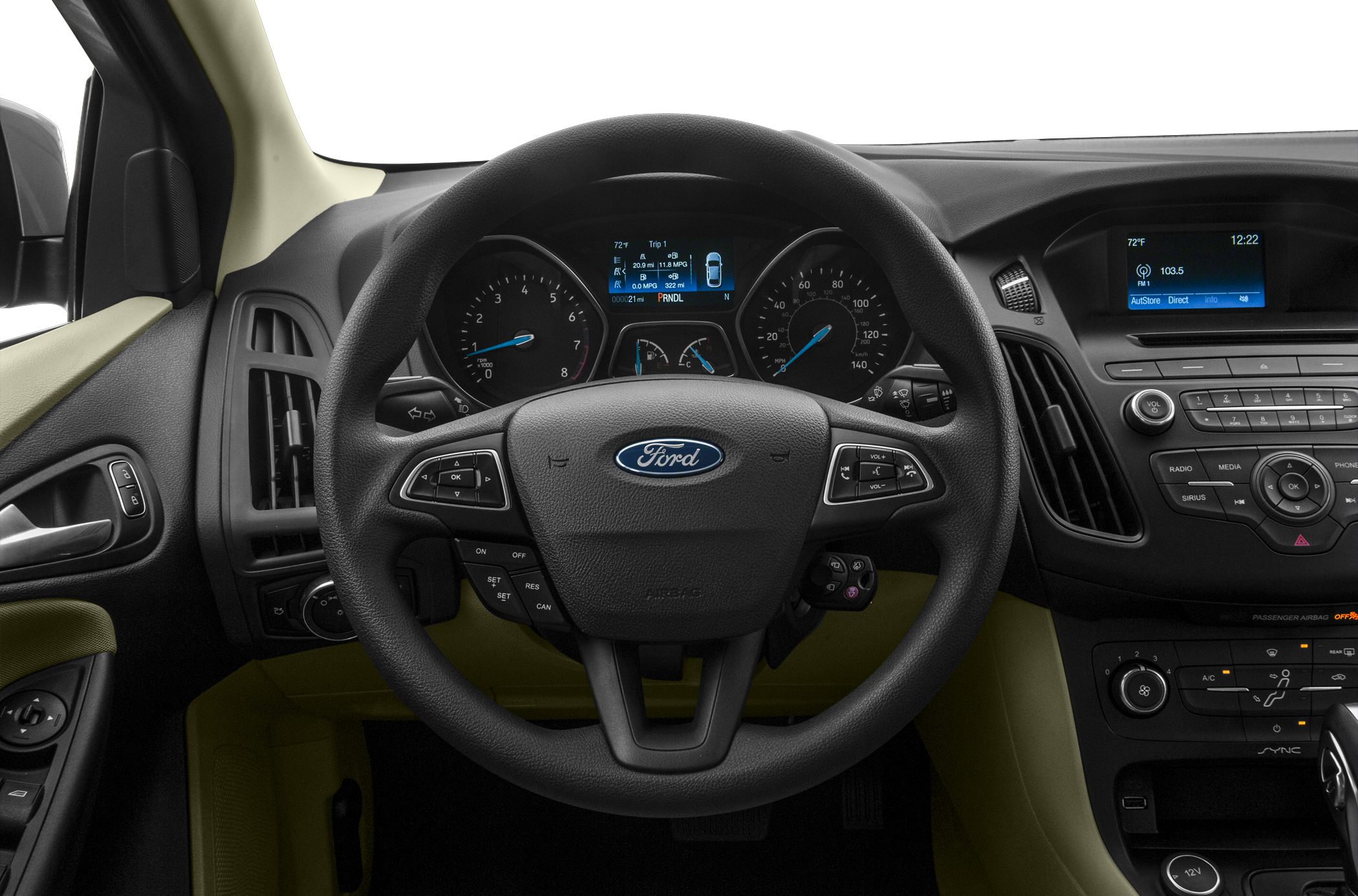 Steering wheel with control buttons, instrument cluster, central dashboard with media controls