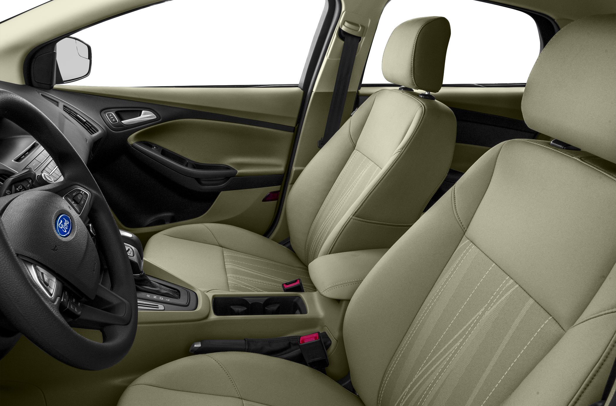 Front seats and dashboard with beige upholstery and steering wheel