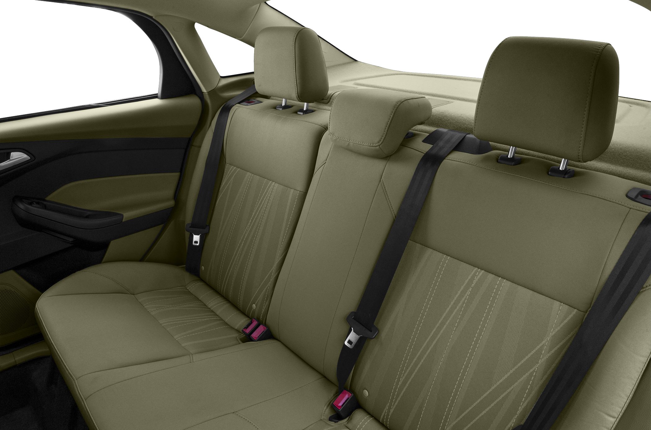 Rear seats with integrated headrests and seat belts in compact sedan