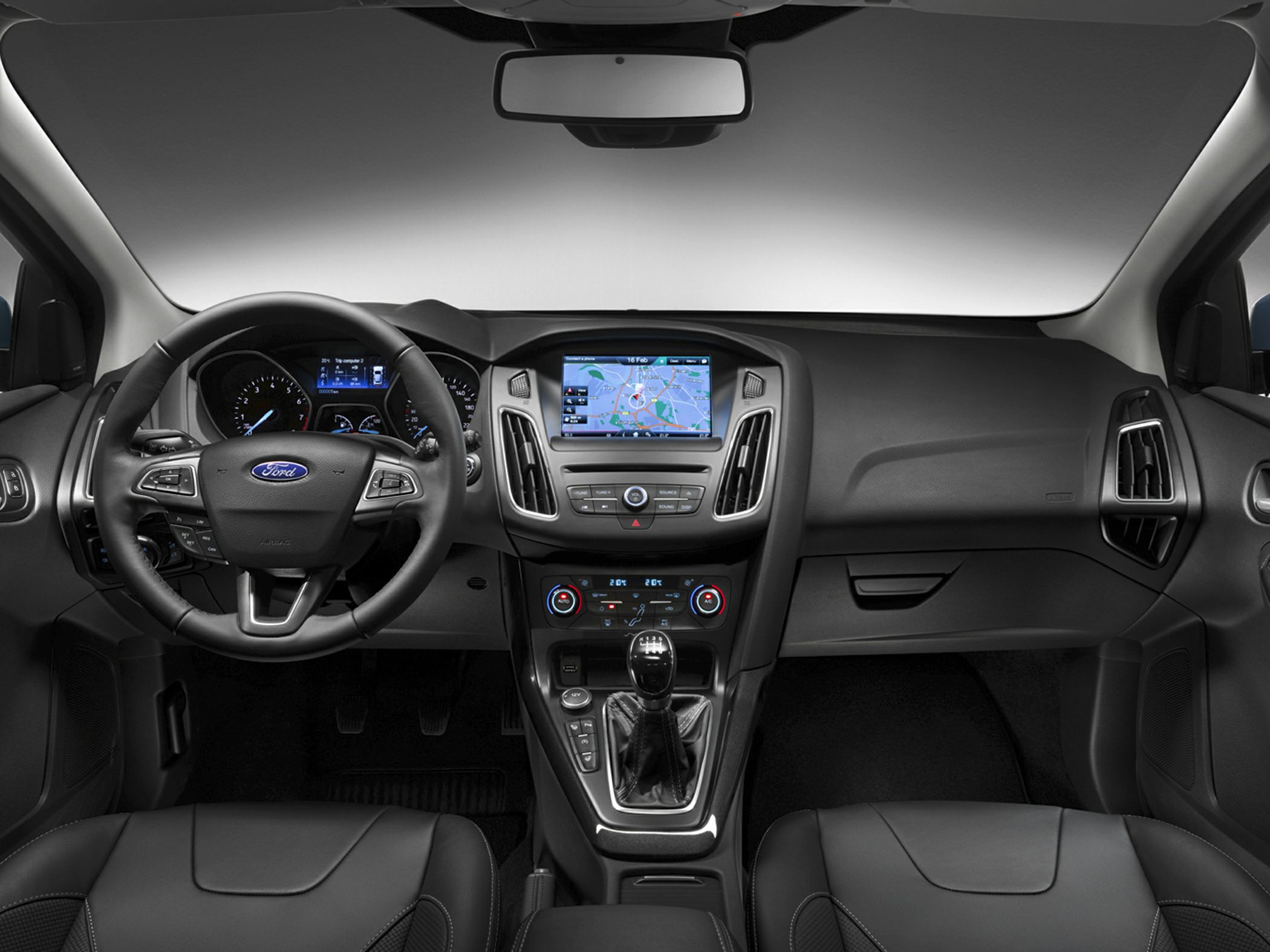 Dashboard and steering wheel with infotainment and climate controls