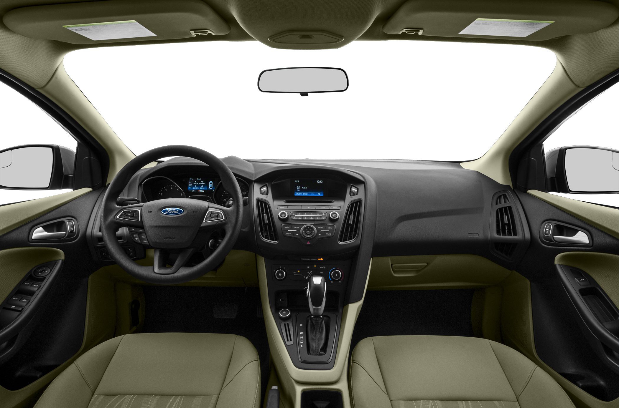 Interior dashboard and center console with steering wheel and gear shift