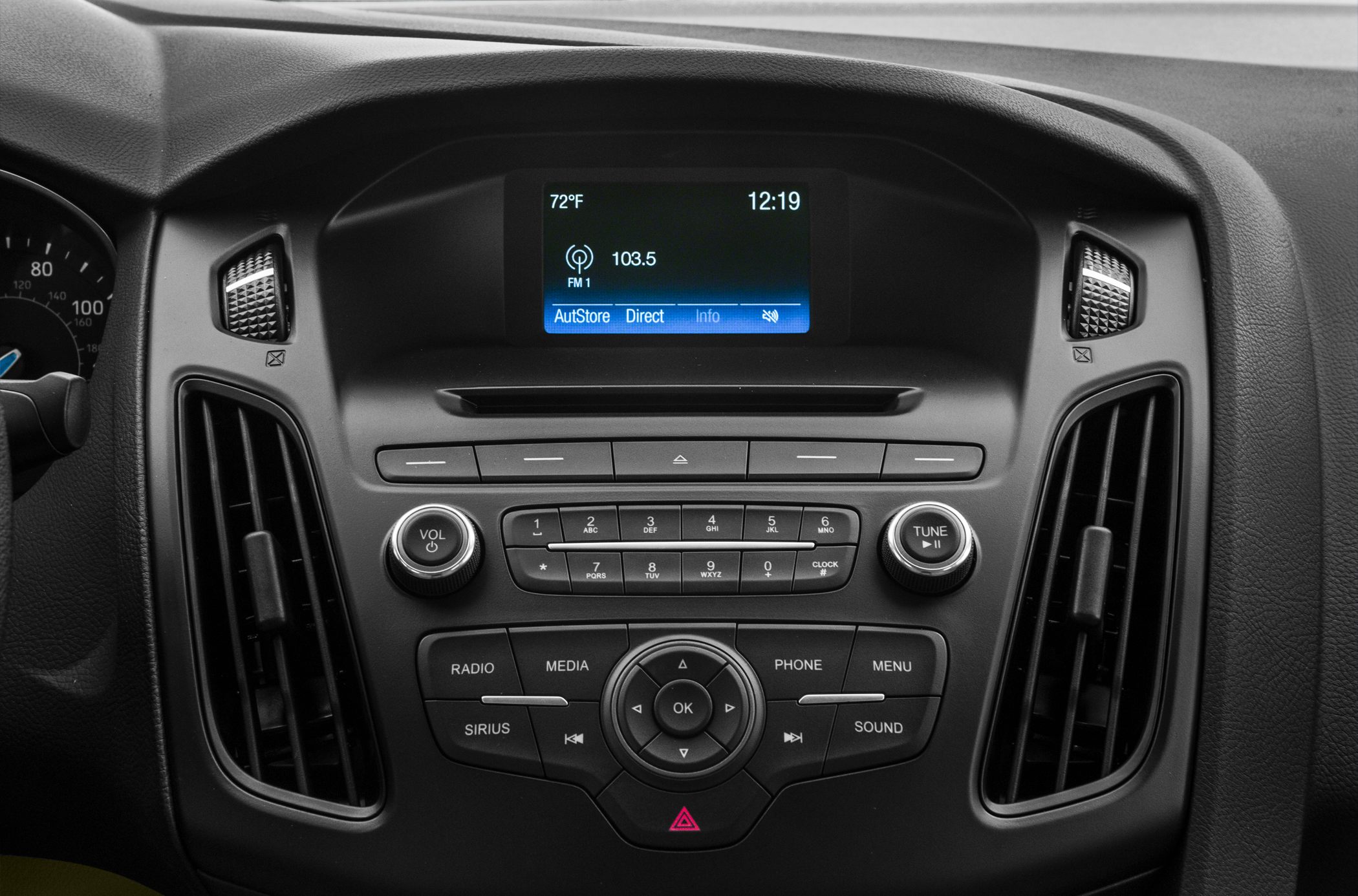Car dashboard console with infotainment system and air vents