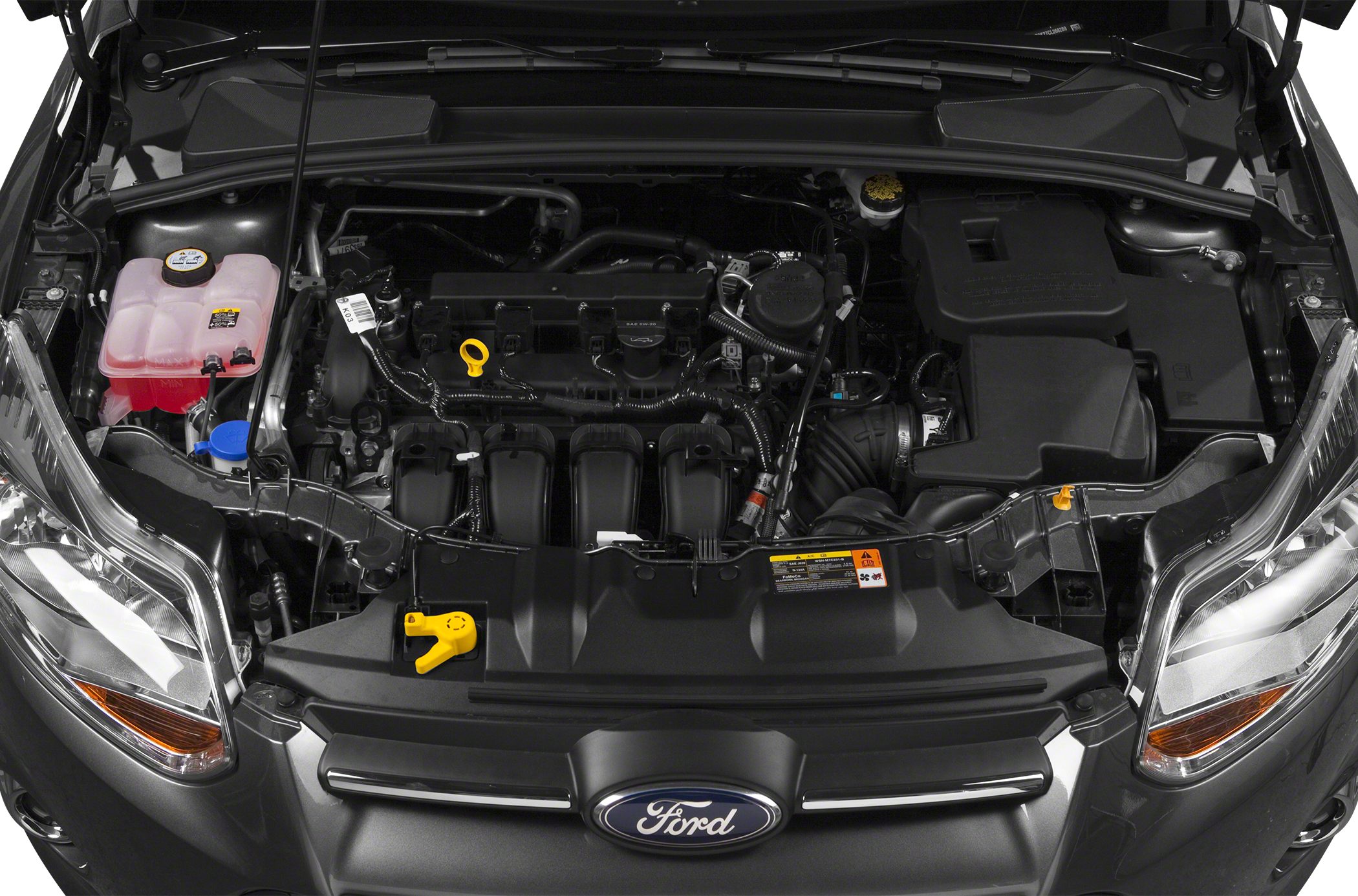 Engine compartment with detailed component layout under hood