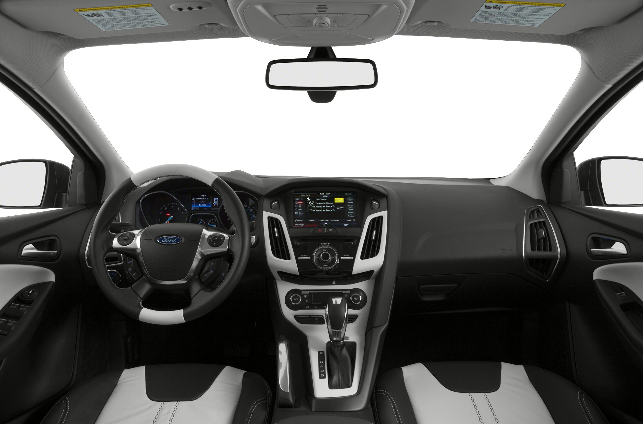 Dashboard, steering wheel, and center console with infotainment display