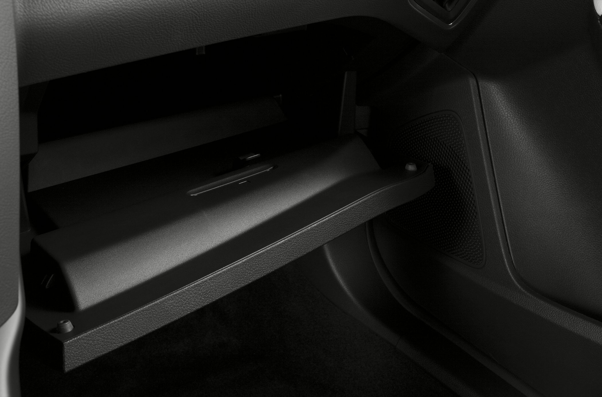 Open glove box with interior car storage compartment