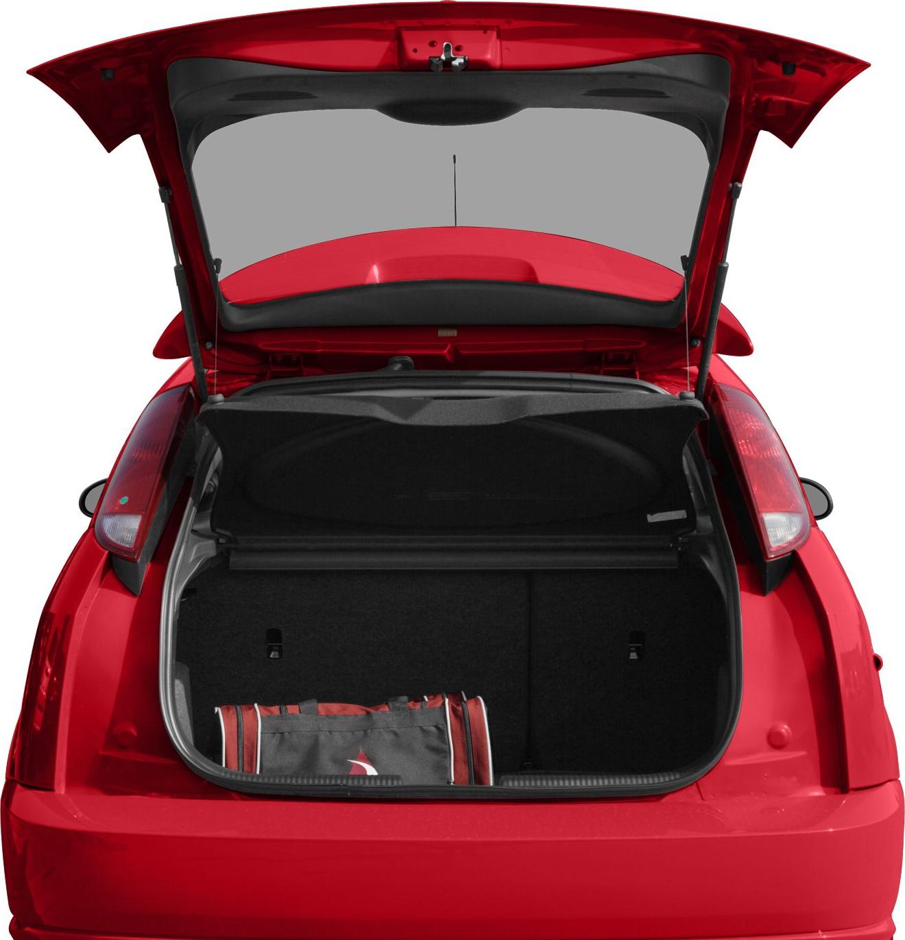Open trunk view of a red hatchback with cargo space