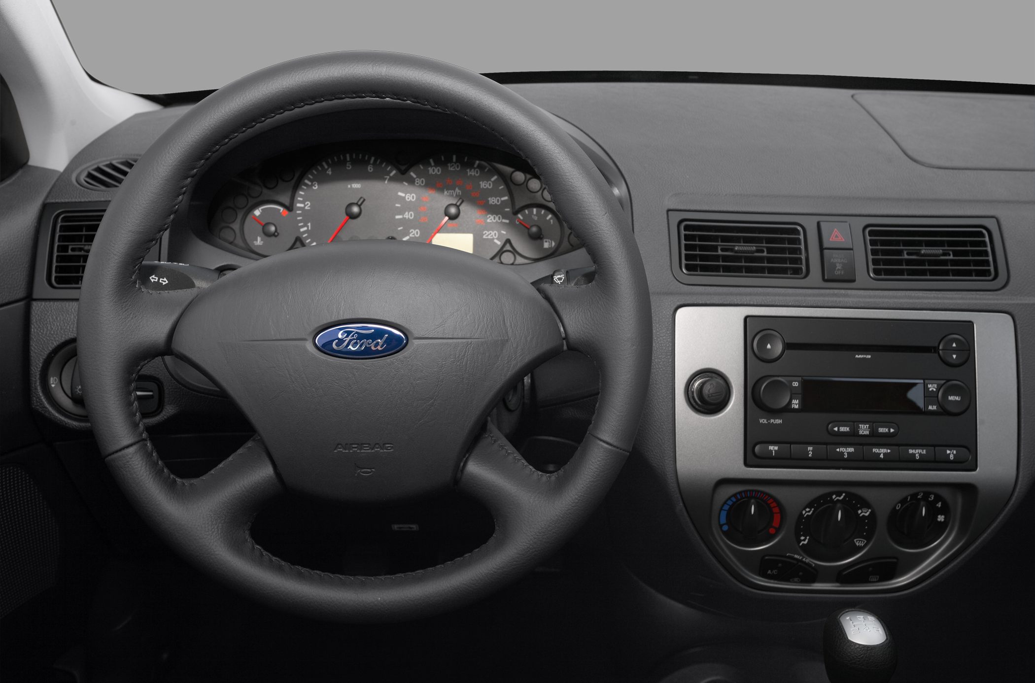 Steering wheel and dashboard with analog gauges and control panel