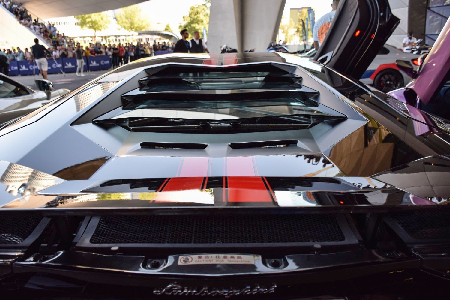 Rear engine bay with louvers and glossy finish on a supercar.