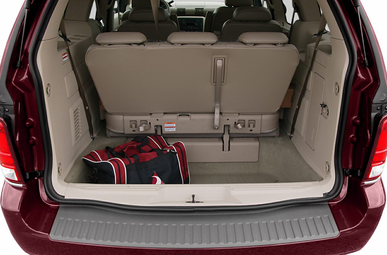 Rear cargo space with foldable third-row seats and a duffel bag.