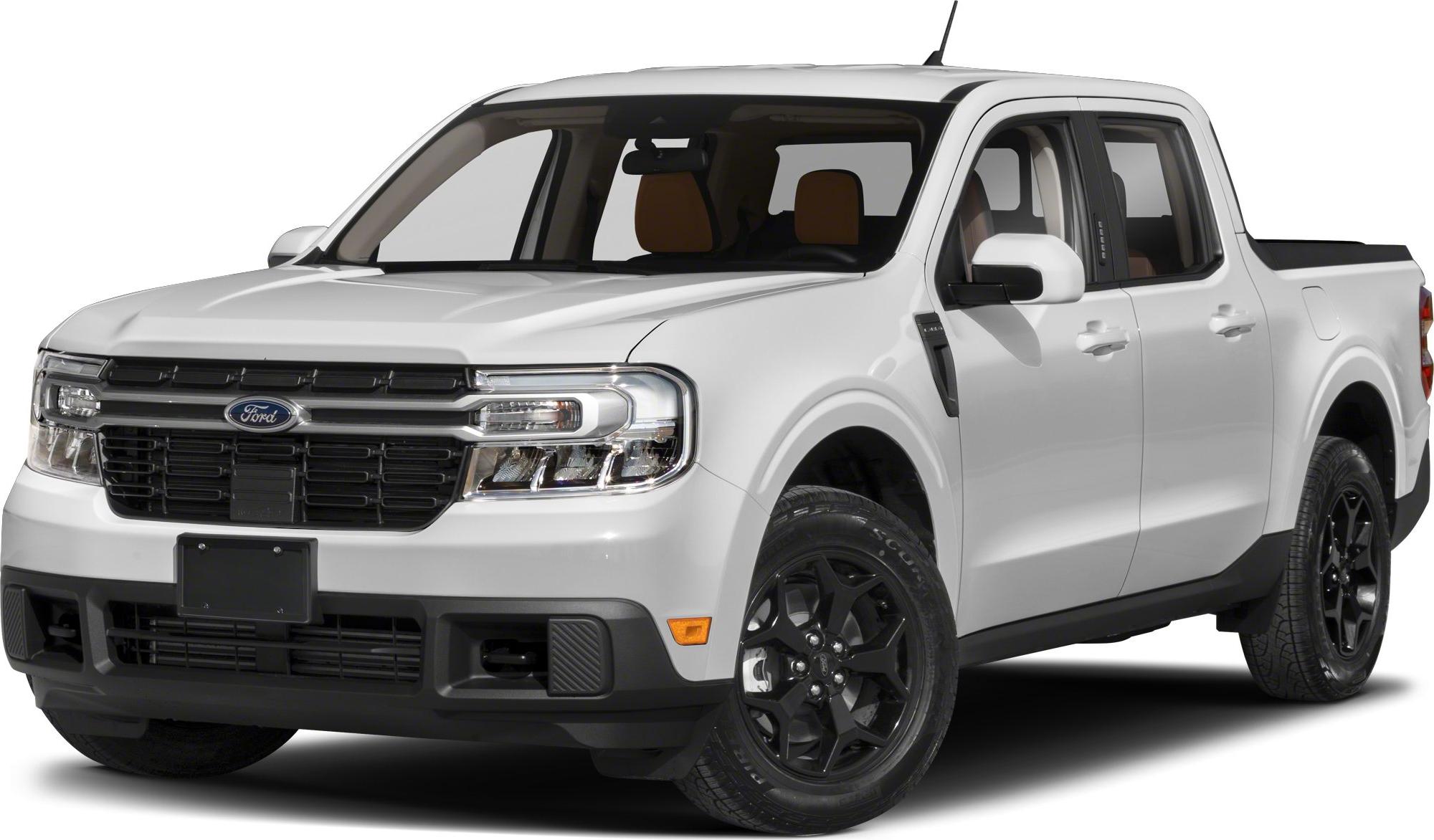 Front grille and side view of a white pickup truck with black wheels
