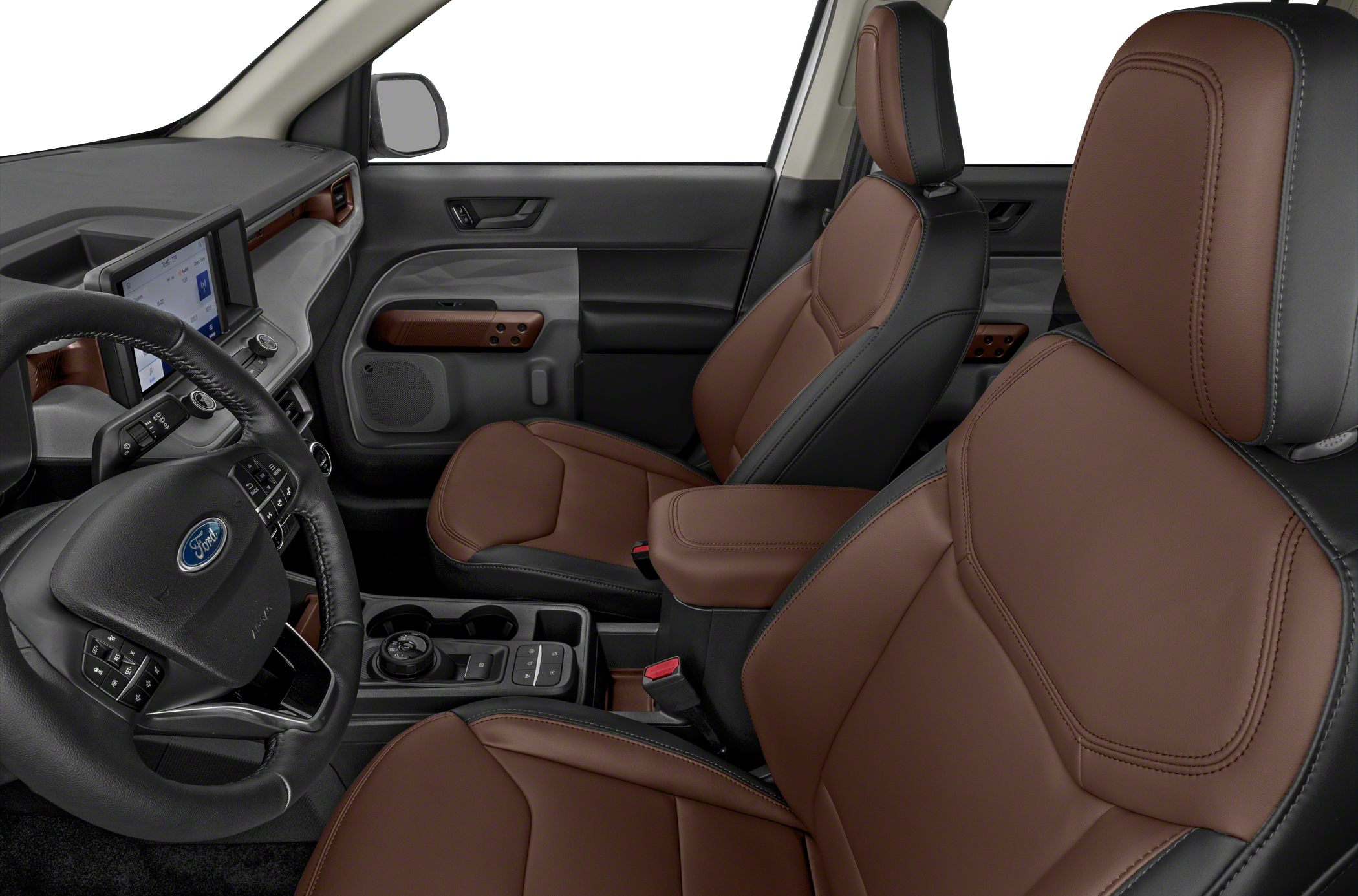 Brown leather seats with a modern dashboard and touchscreen display