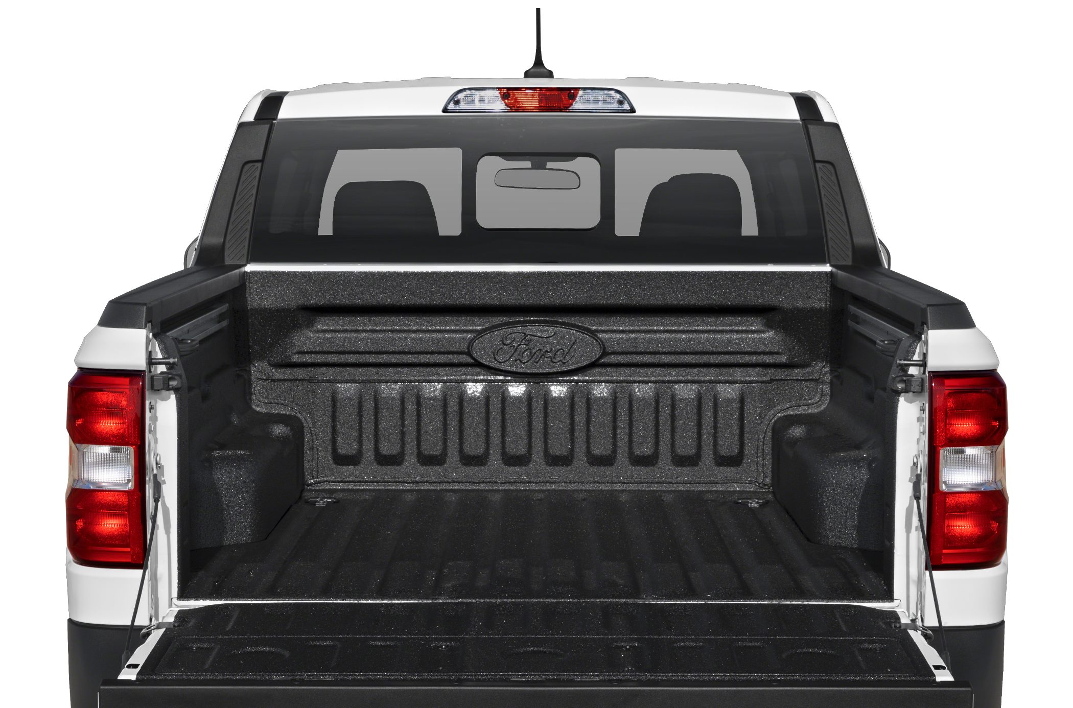 Open truck bed with protective liner and tailgate, rear view