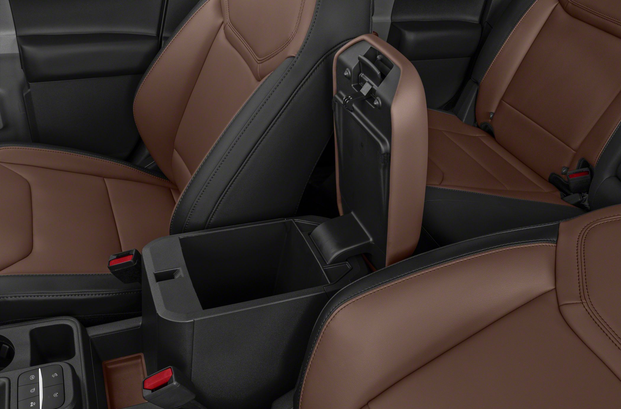 Center console storage compartment with brown and black seats