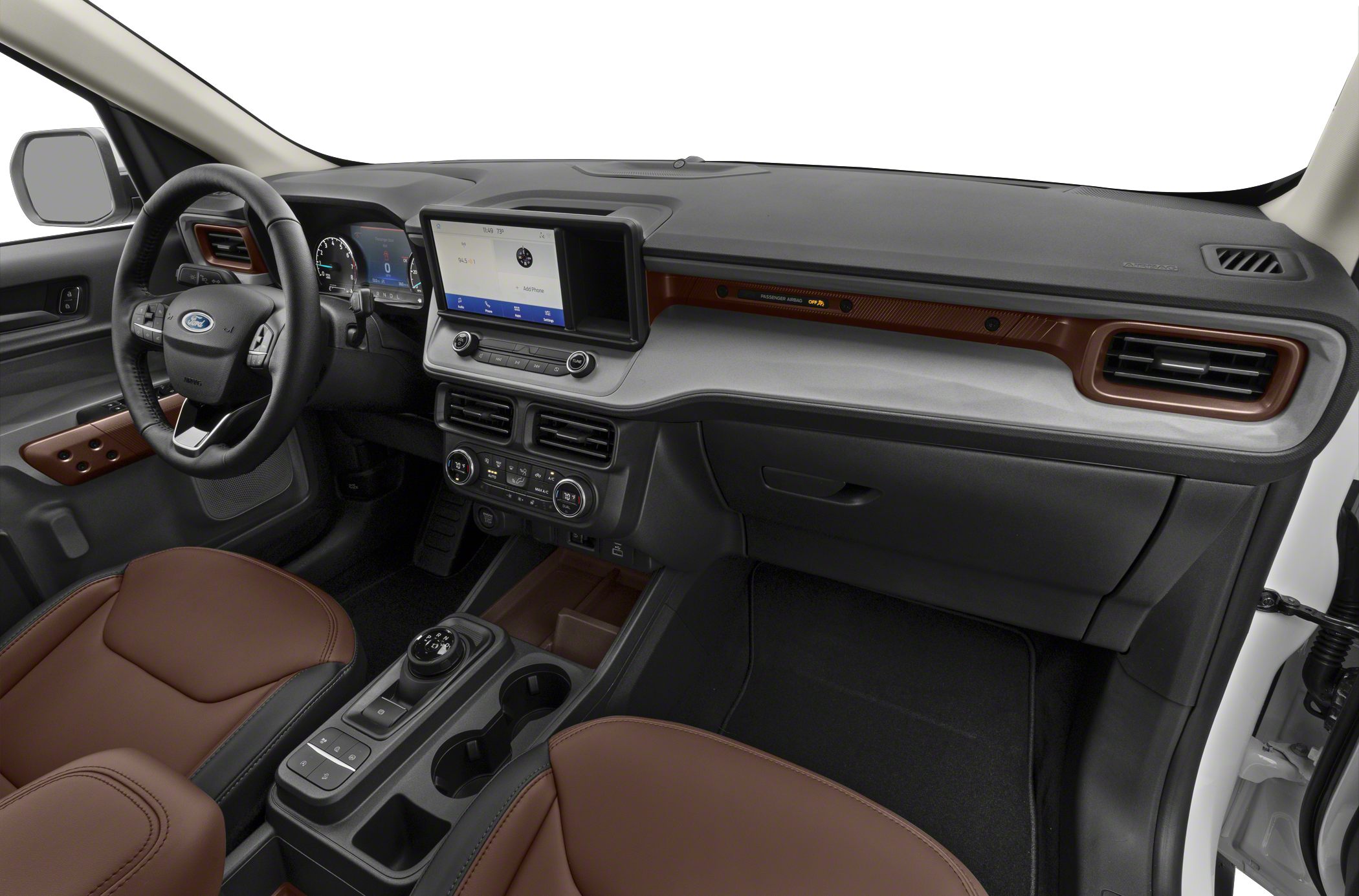 Modern dashboard with infotainment screen and leather seats