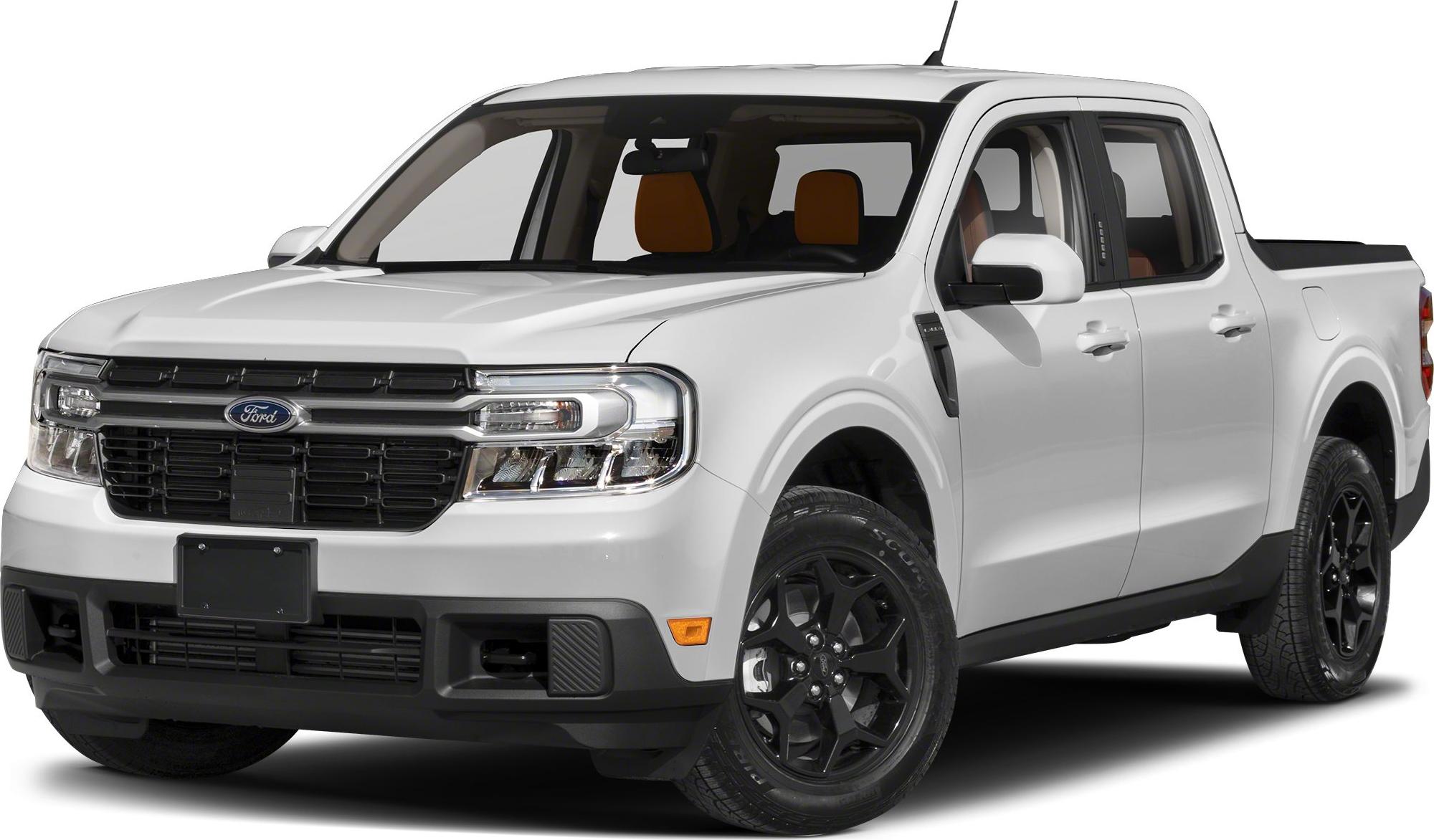 Front three-quarter view of a white pickup truck with black wheels