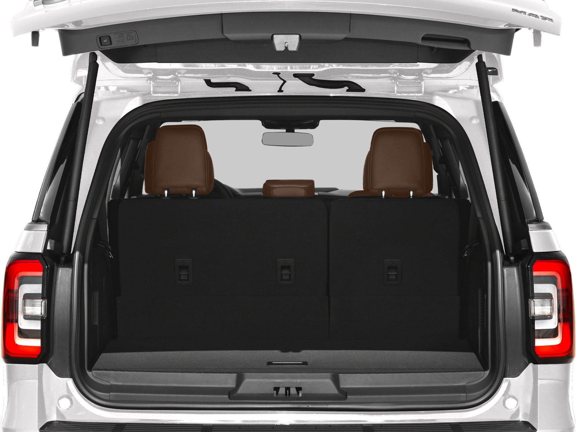 Rear cargo area with open tailgate, brown headrests and modern taillights