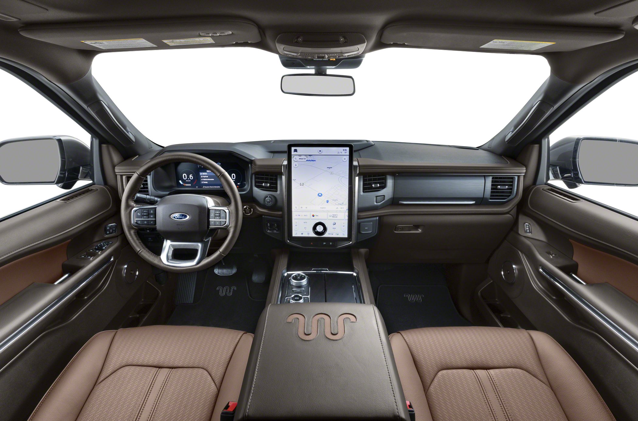 Interior of modern SUV with brown leather and large vertical touchscreen