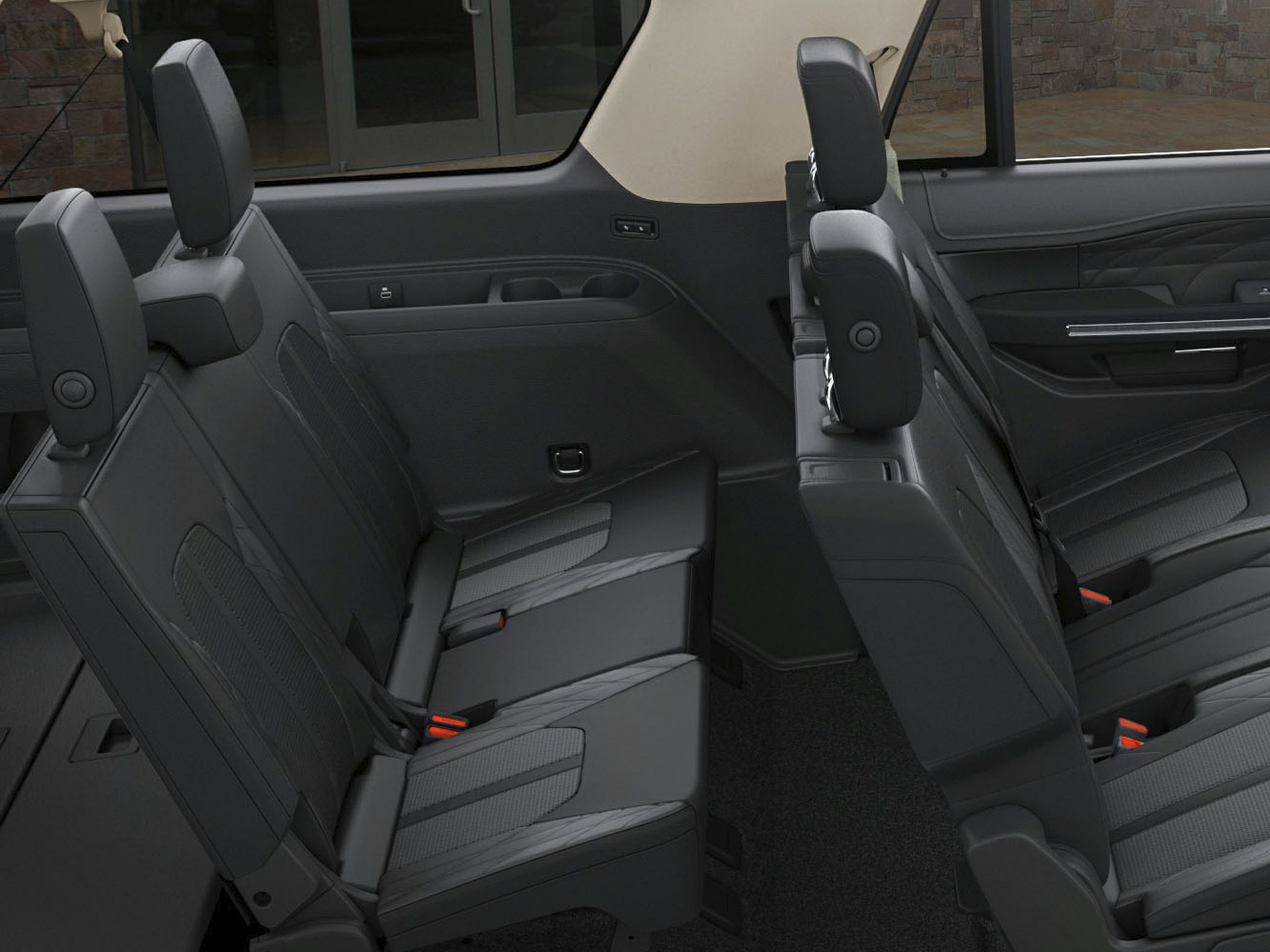 Three-row SUV interior with foldable rear and middle seats and headrests