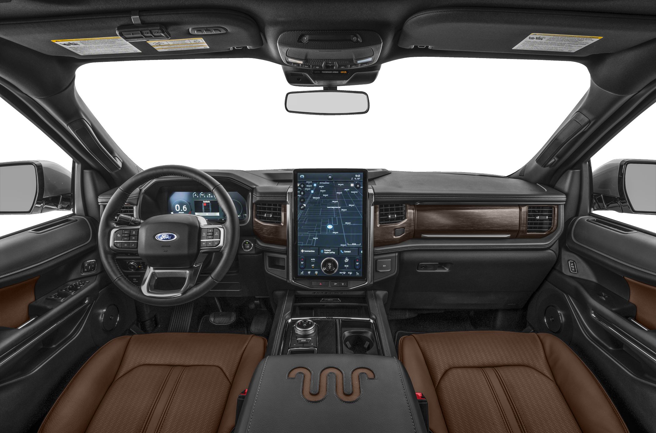 Modern dashboard and steering wheel with touchscreen and leather seats