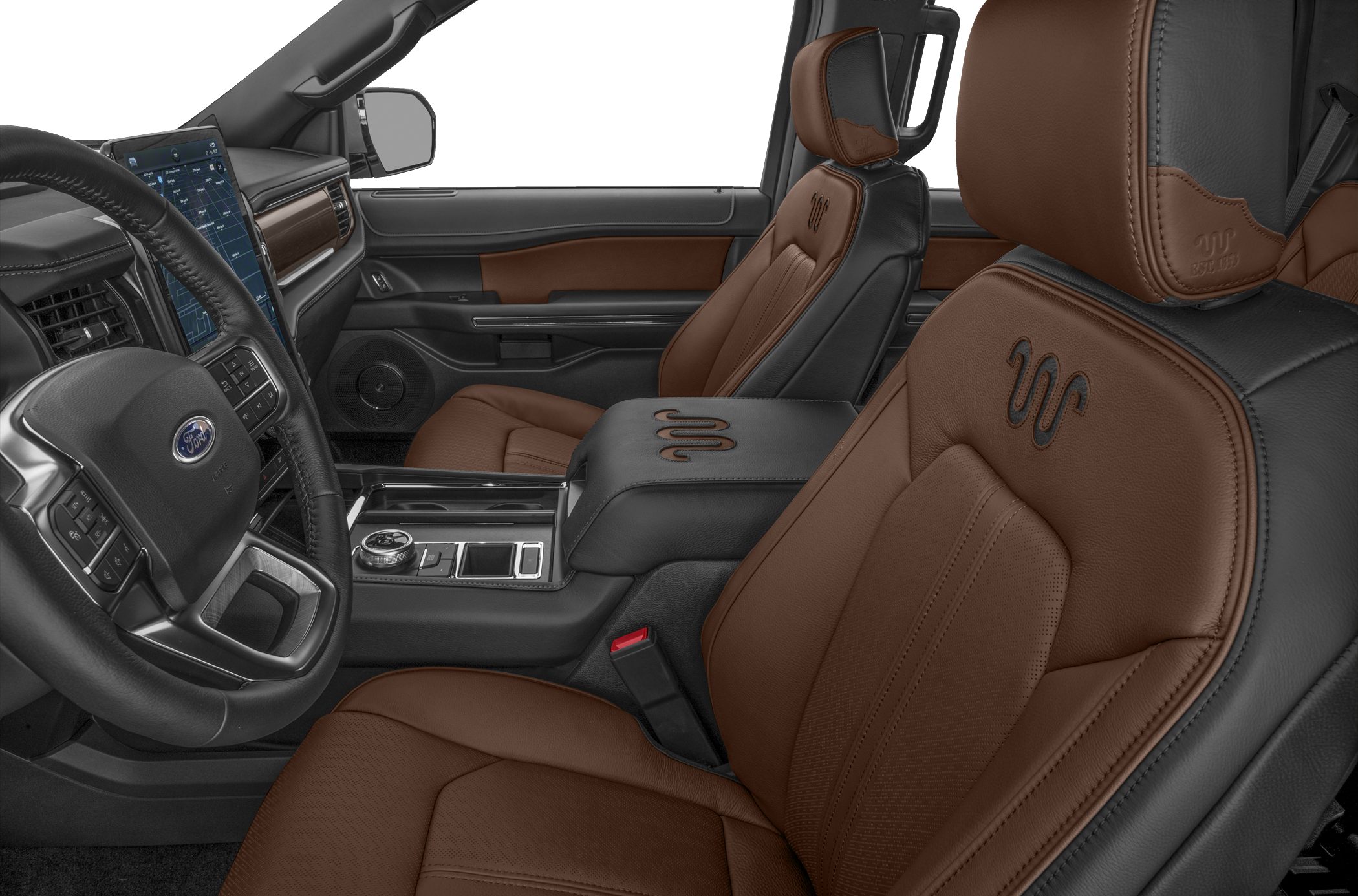Luxury brown and black leather seats with intricate stitching and advanced center console