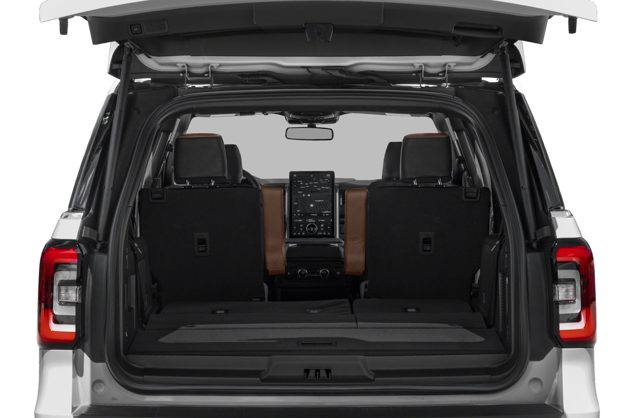 SUV rear cargo area with foldable seats and central touchscreen visible