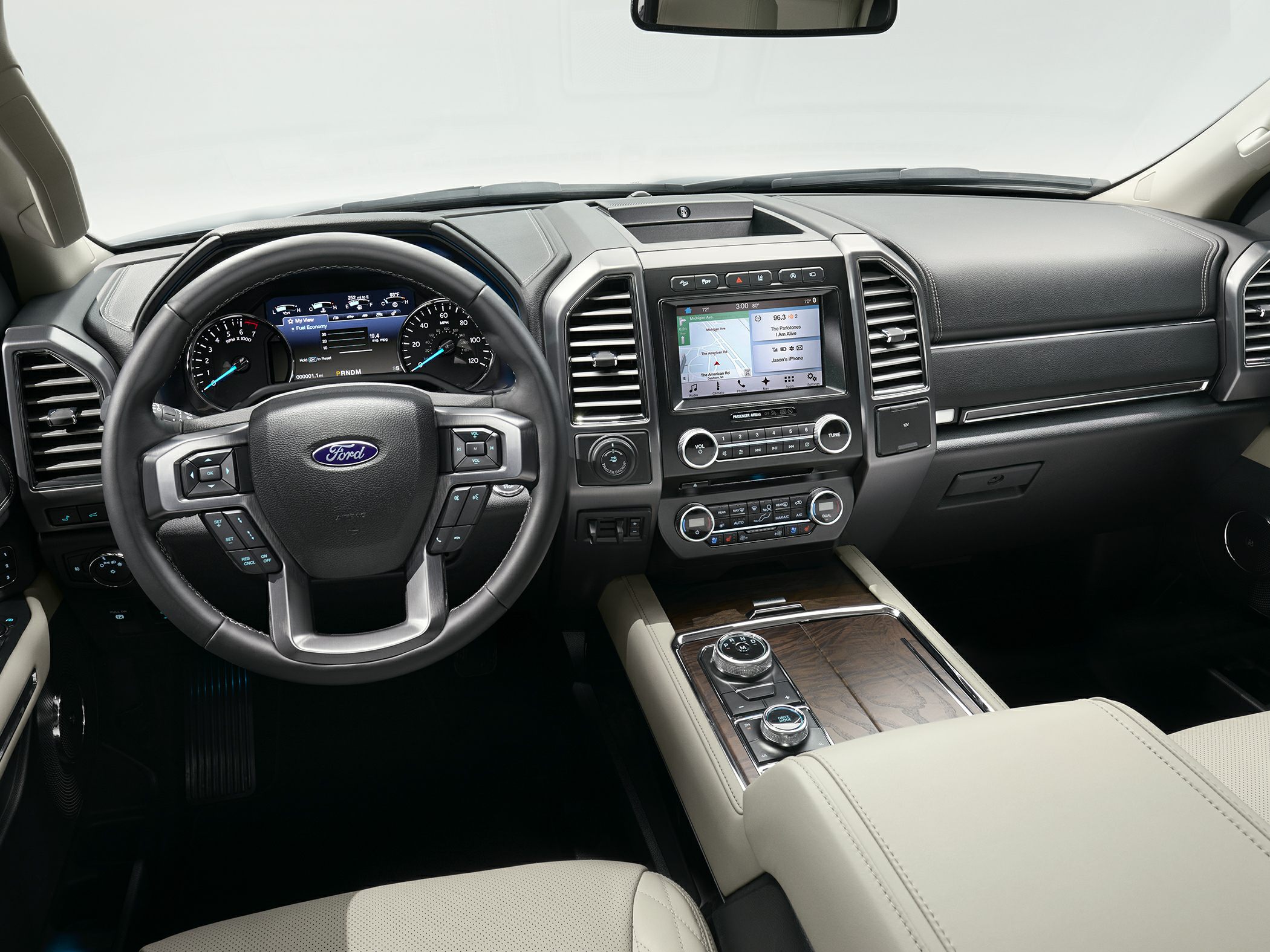 Interior dashboard and steering wheel with digital display and infotainment system