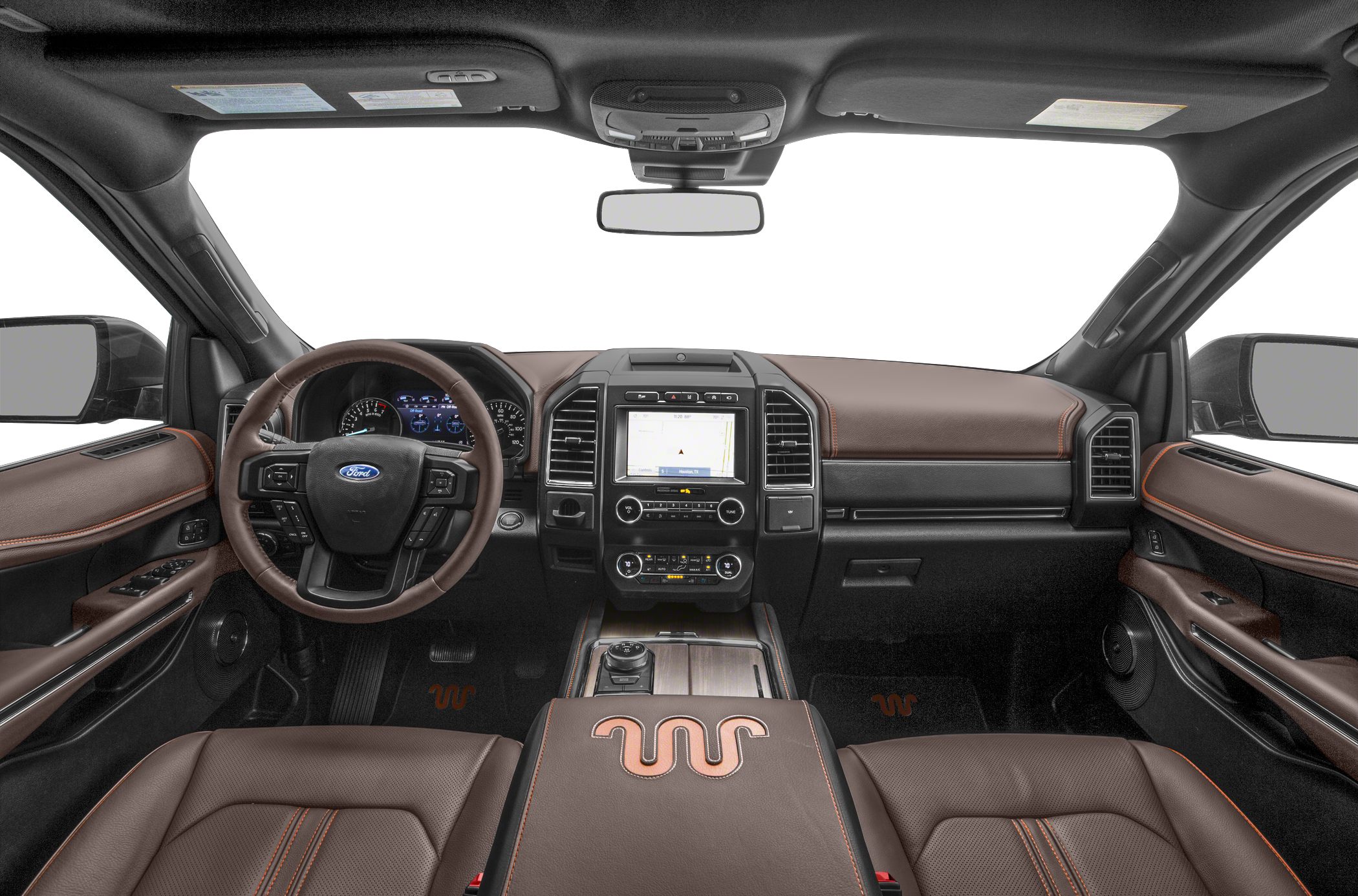 Dashboard and steering wheel with leather upholstery and digital displays