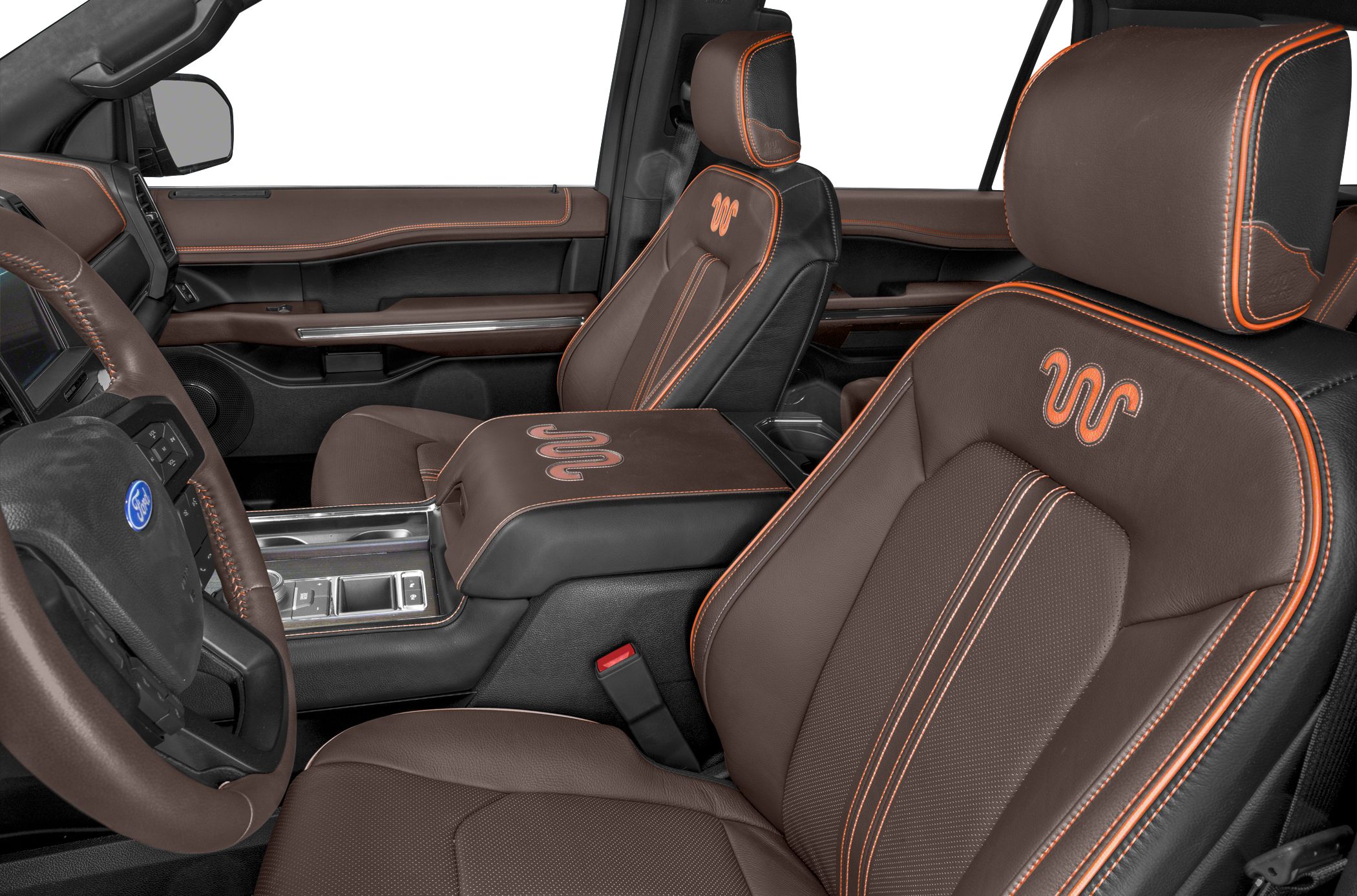 Brown leather seats with orange stitching and patterned embroidery