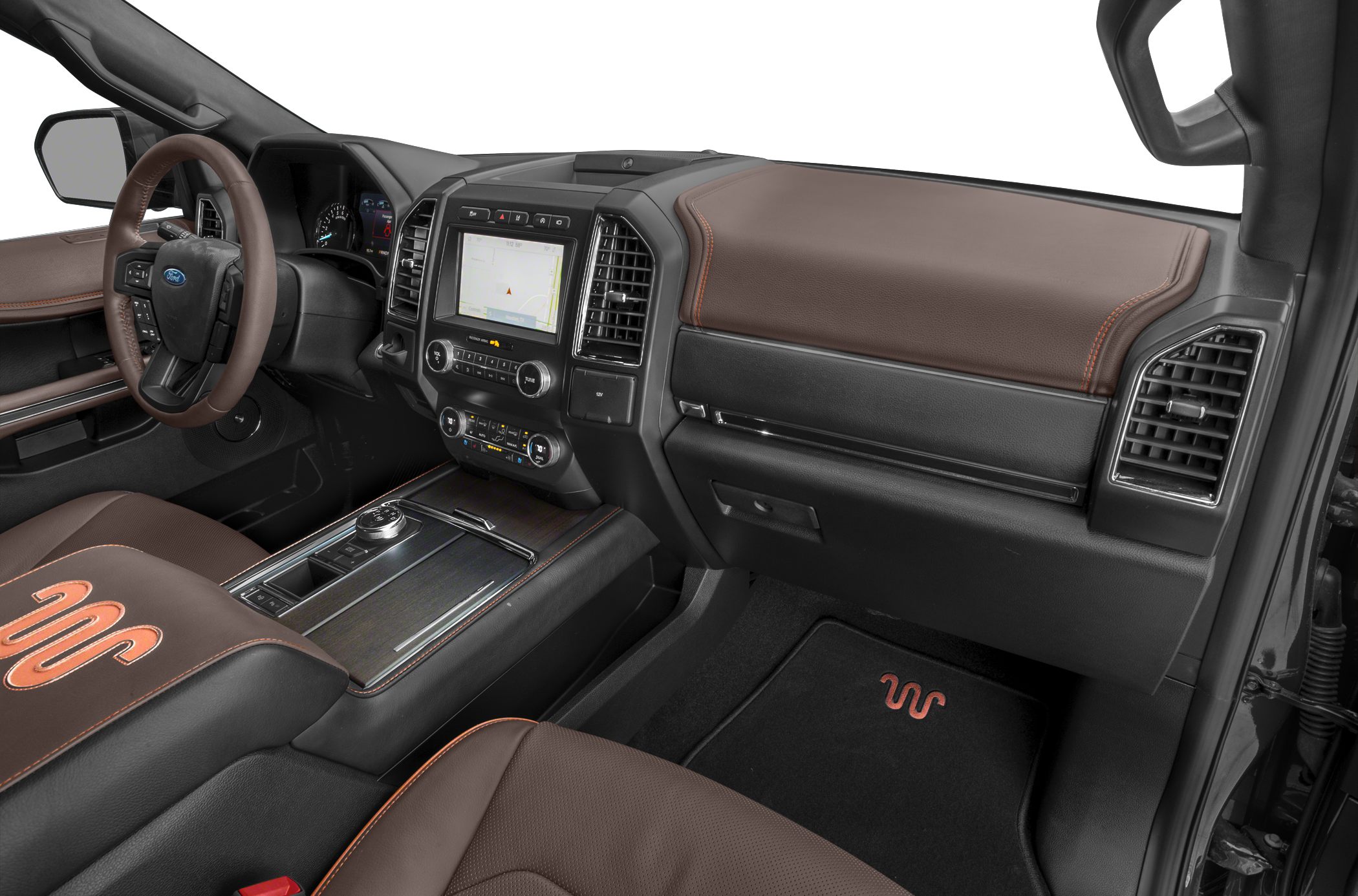 Brown leather interior with touchscreen and modern dashboard