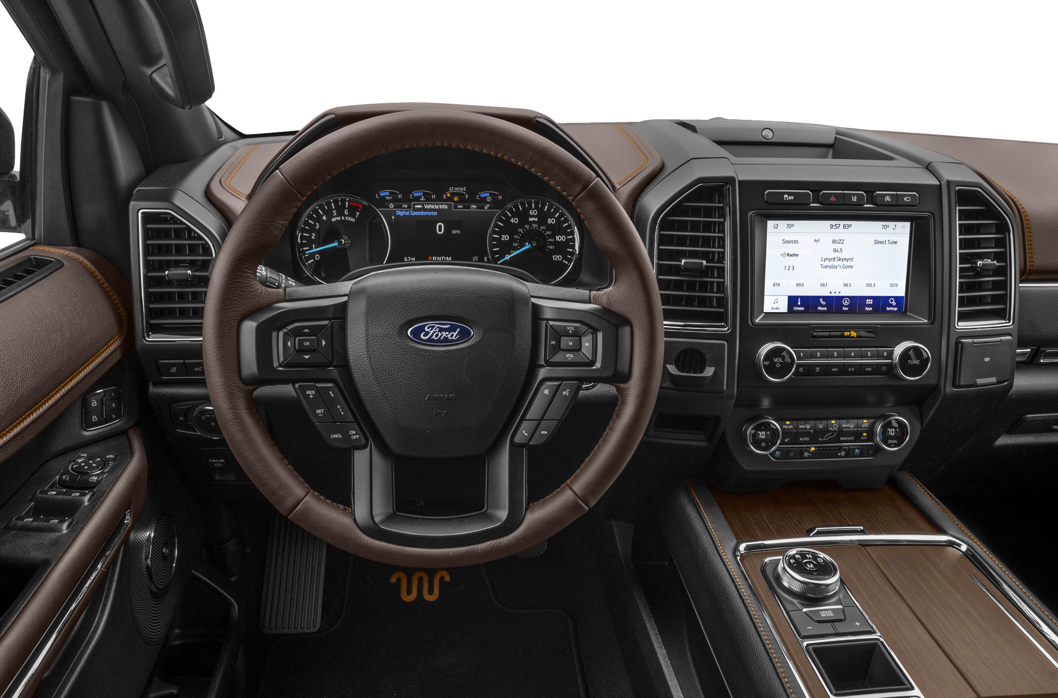 Leather-wrapped steering wheel with digital dashboard and infotainment system