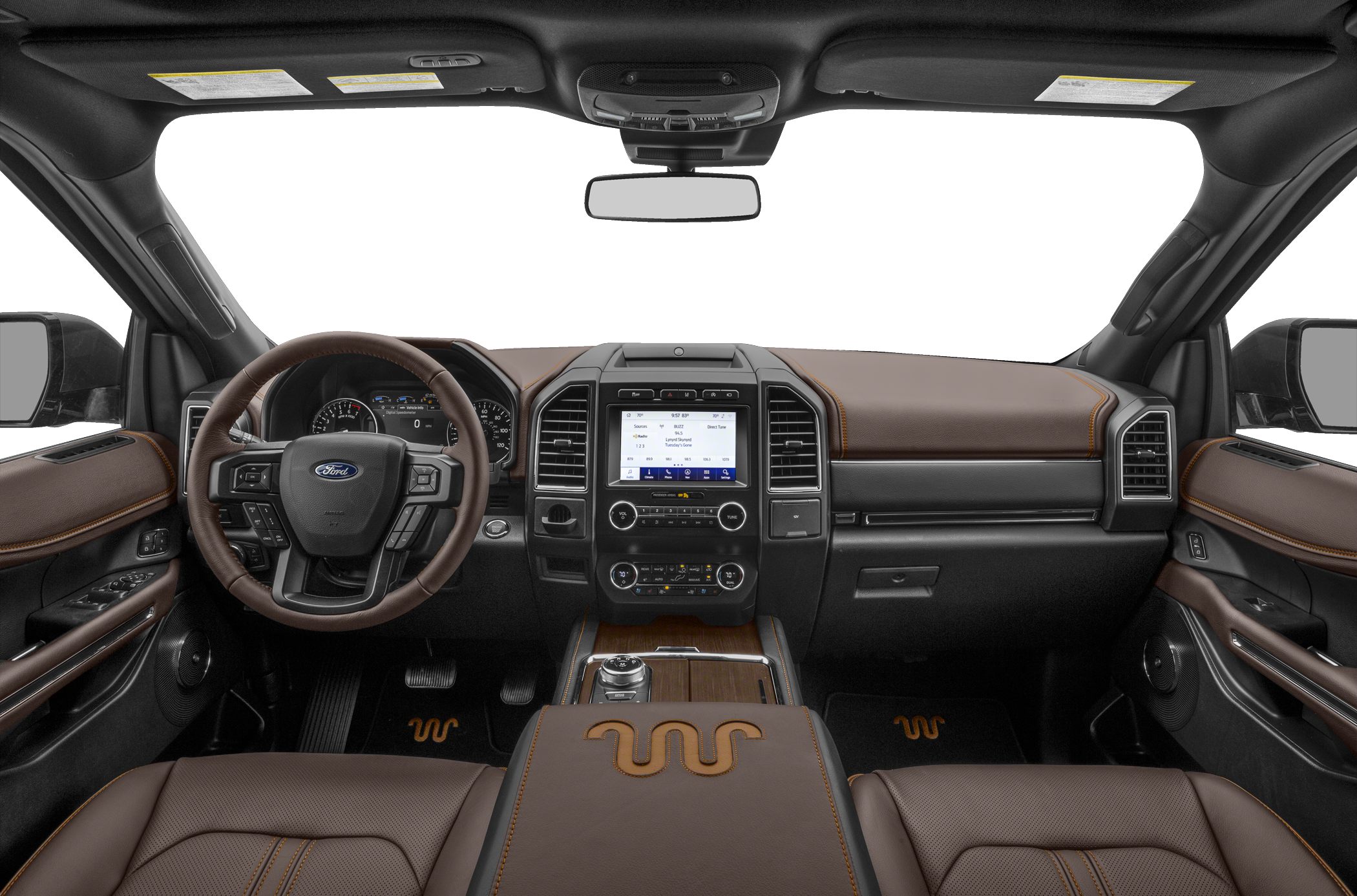 Modern SUV interior with leather-wrapped steering wheel and touchscreen dashboard