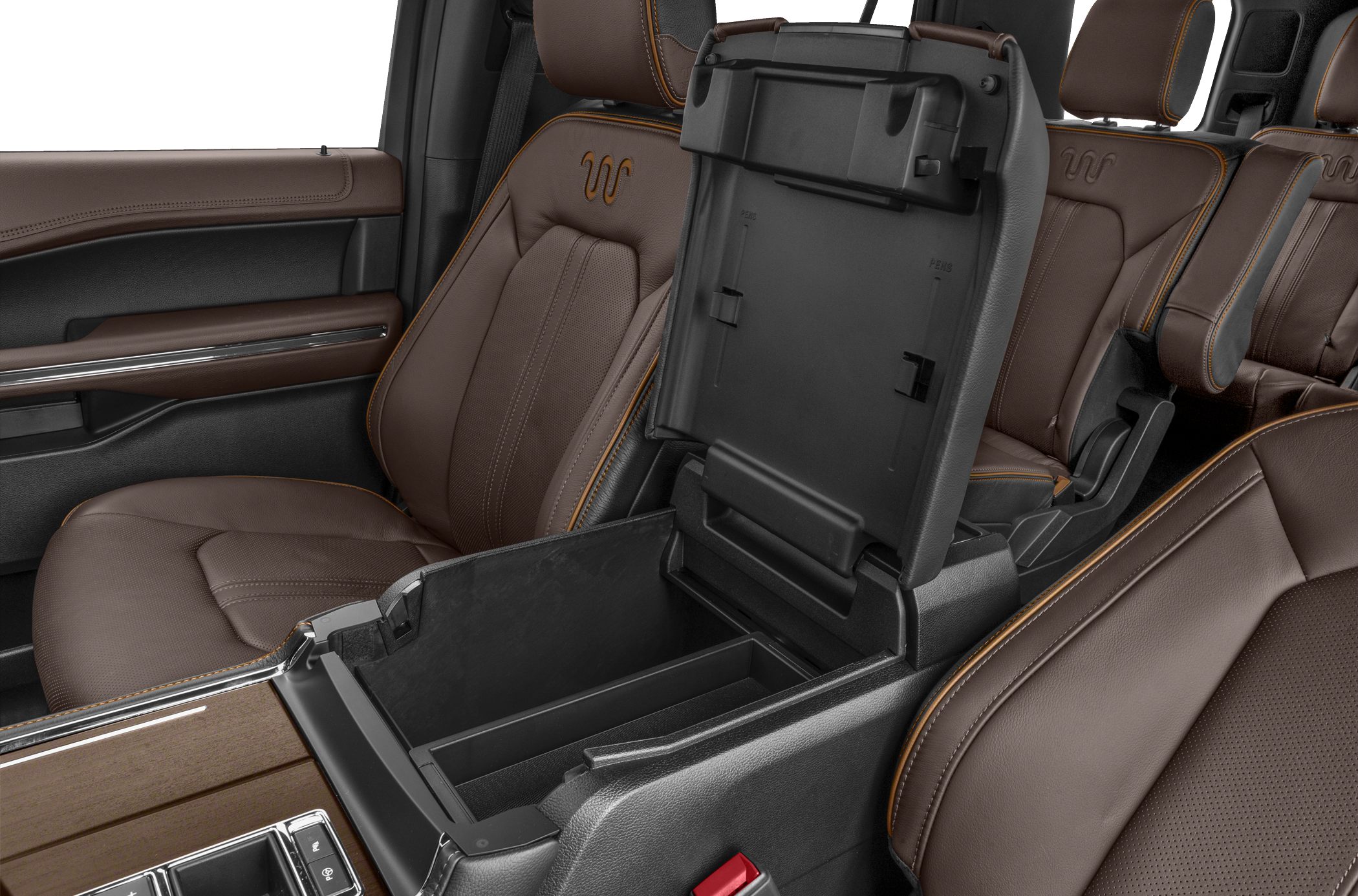 Center console storage and brown leather seats with contrast stitching