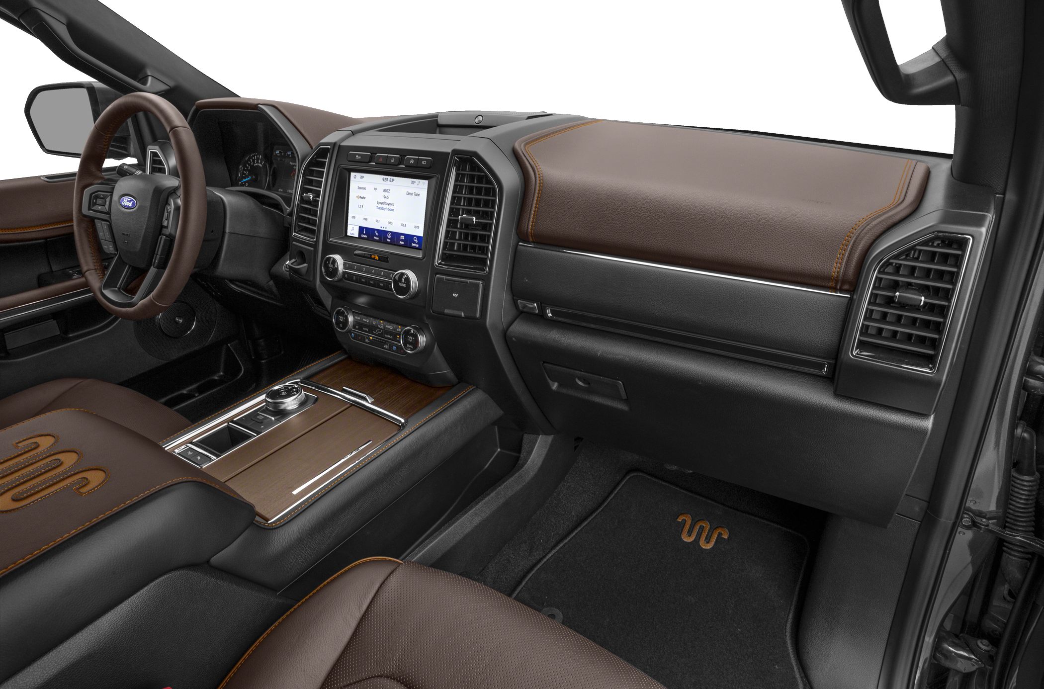 Luxury SUV interior with leather seats and wood trim console