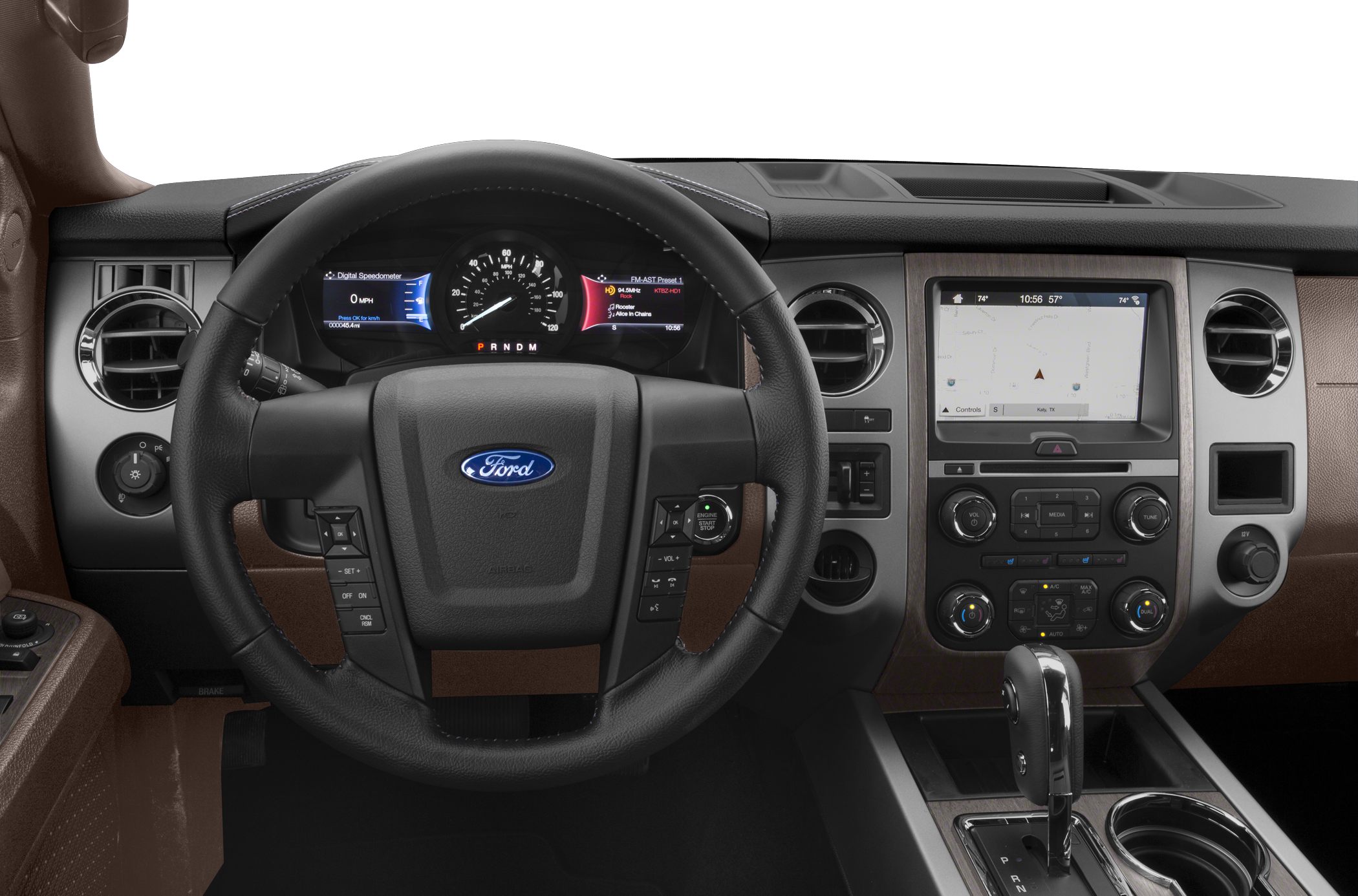 Dashboard and steering wheel with infotainment and climate controls
