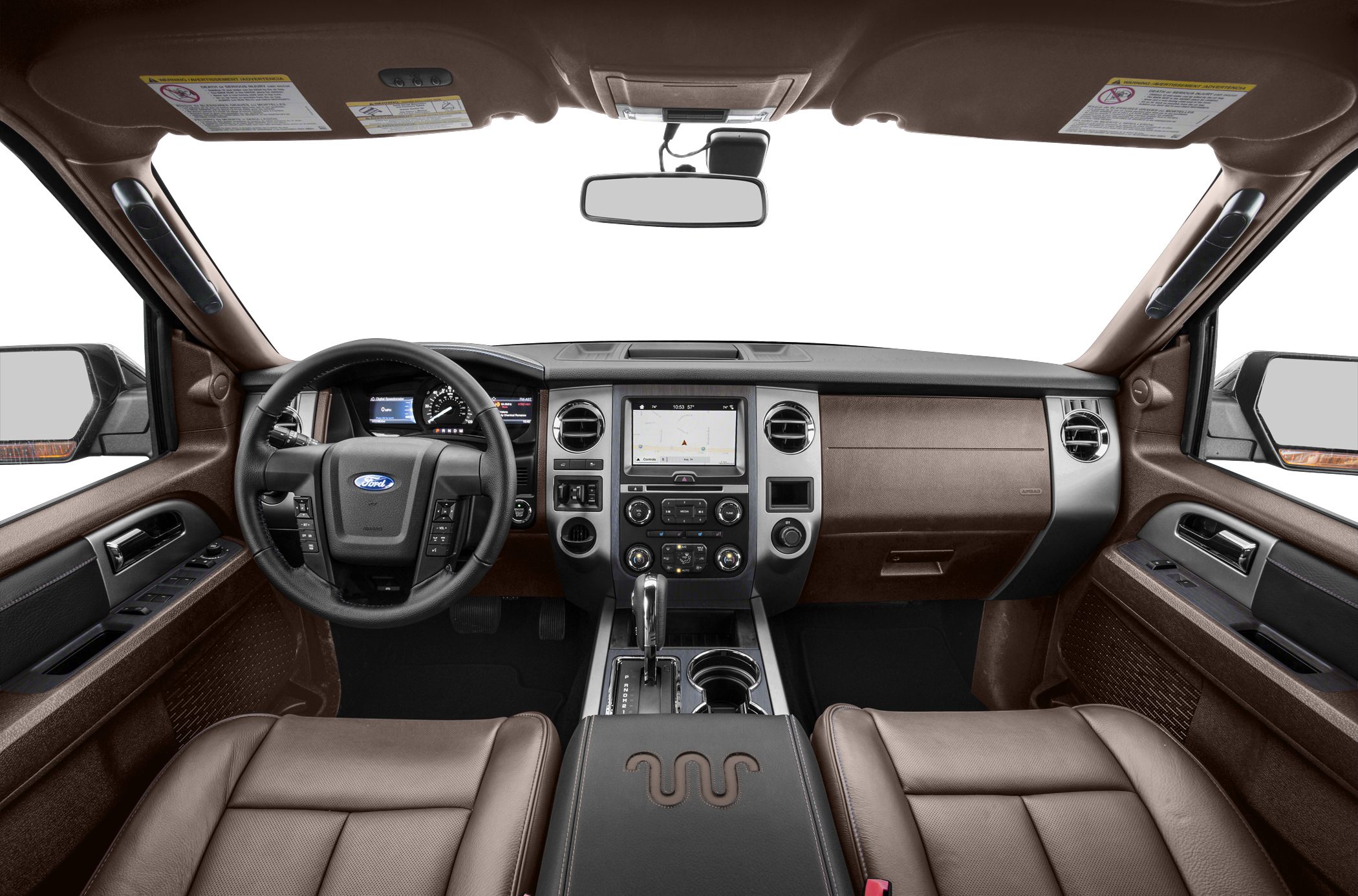 Dashboard, steering wheel with controls, center console with gear shift and infotainment system