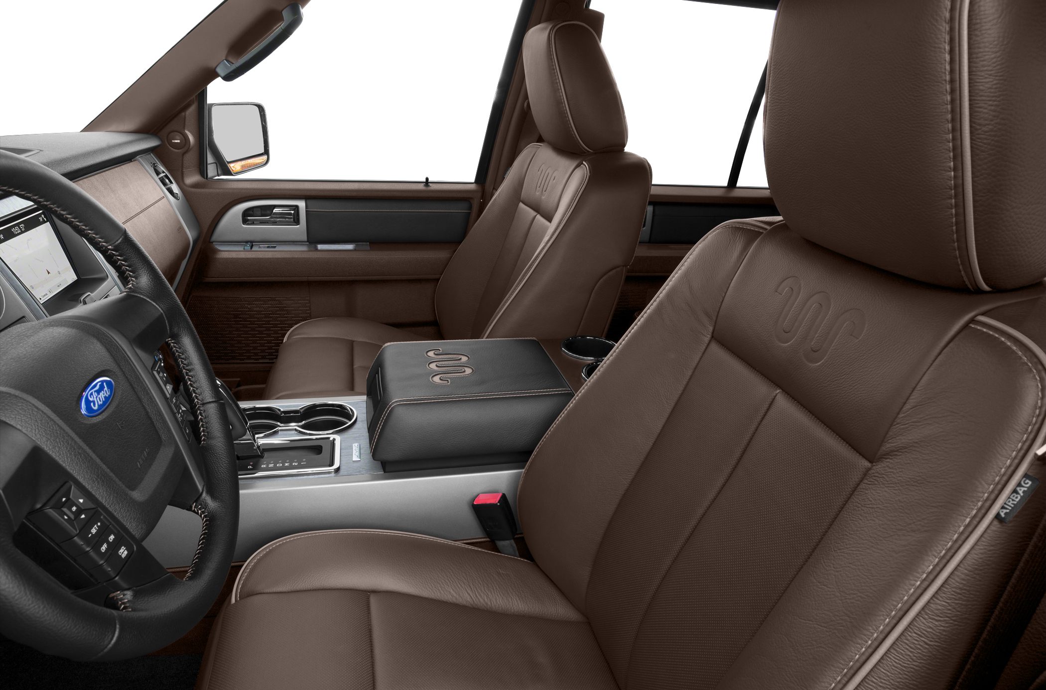 Brown leather front seats and center console with gear shift and cup holders