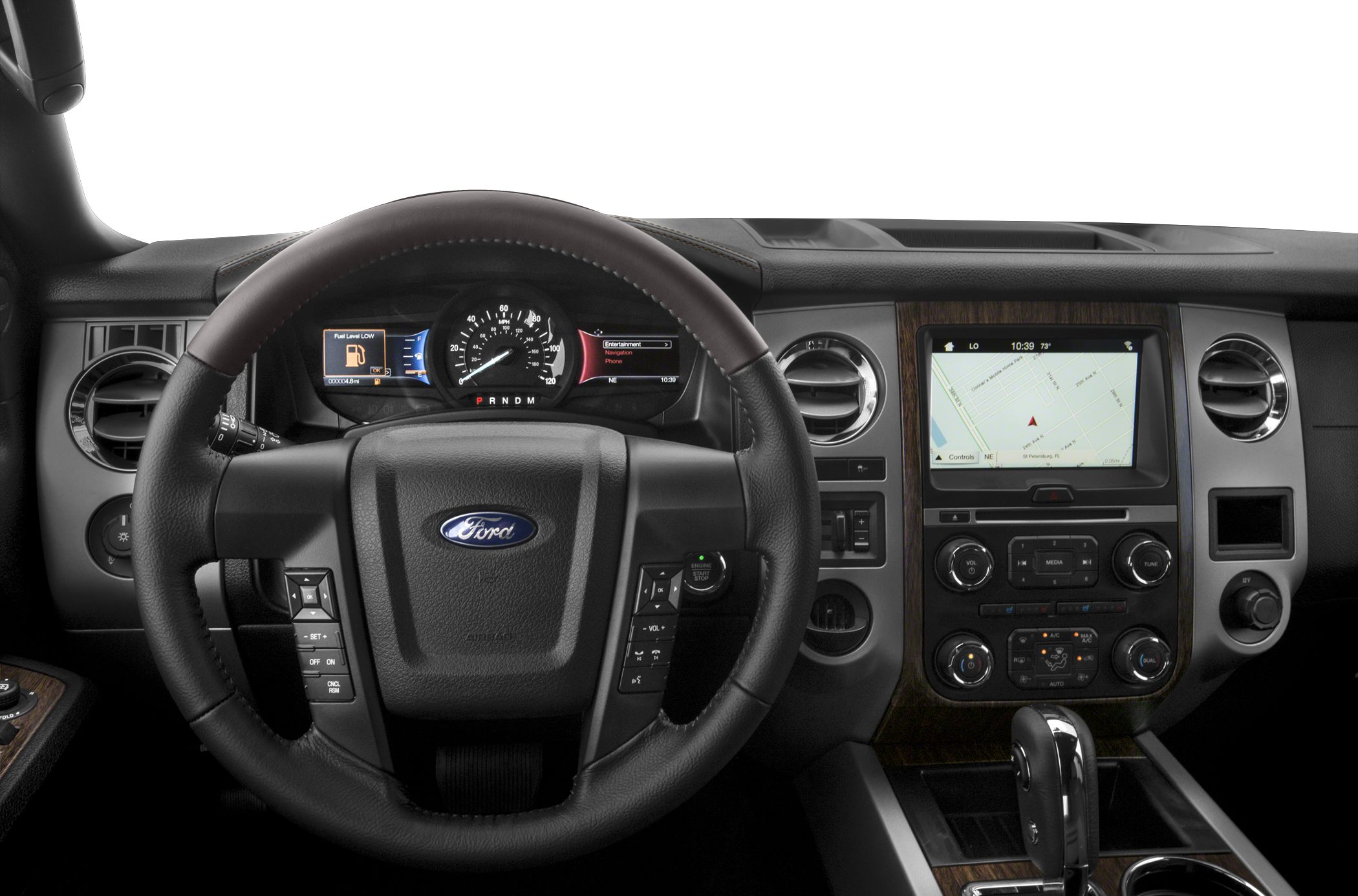 Leather steering wheel, dashboard with digital displays and navigation screen