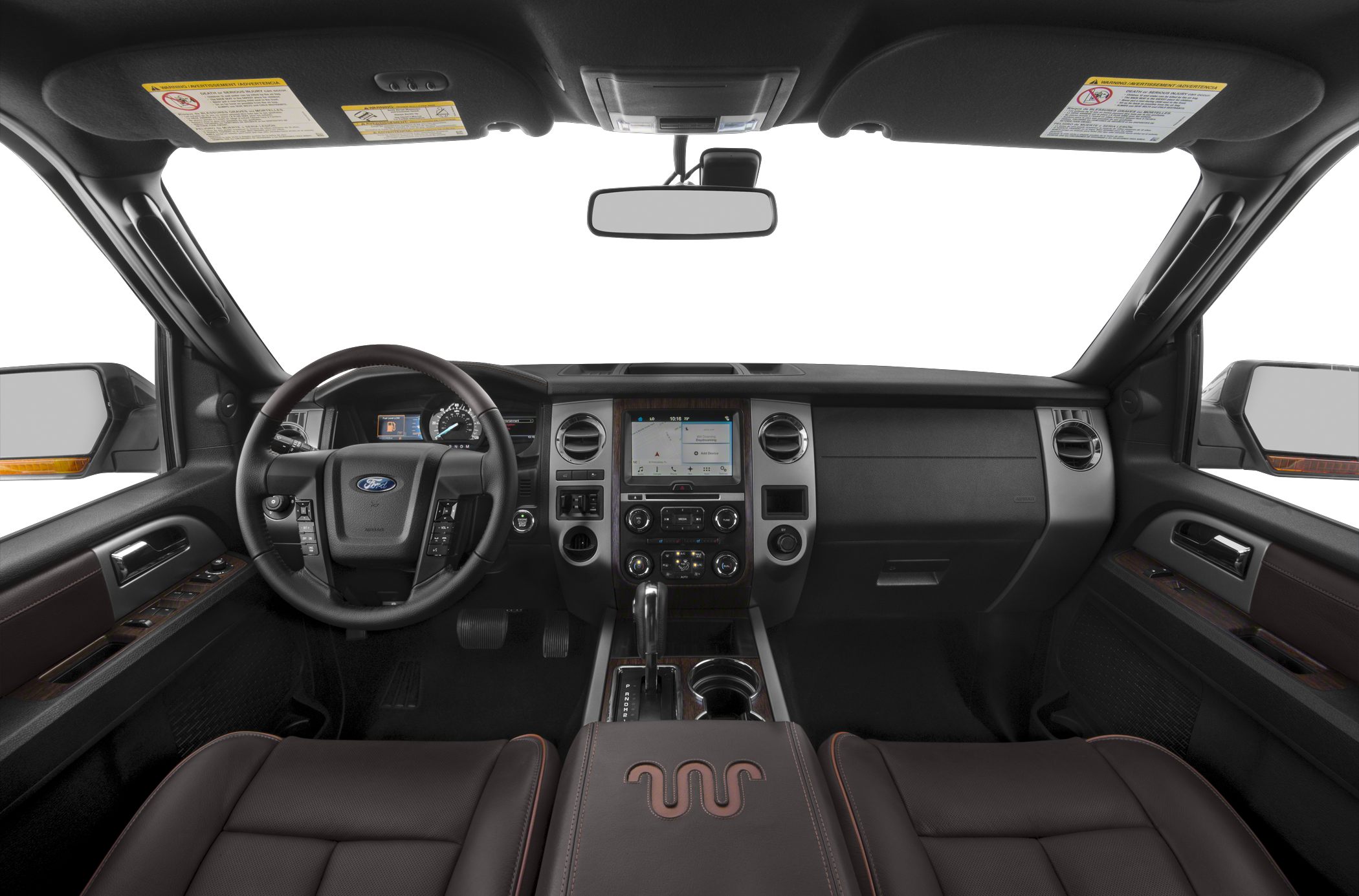 Dashboard, steering wheel, touchscreen, and leather seats in an SUV interior