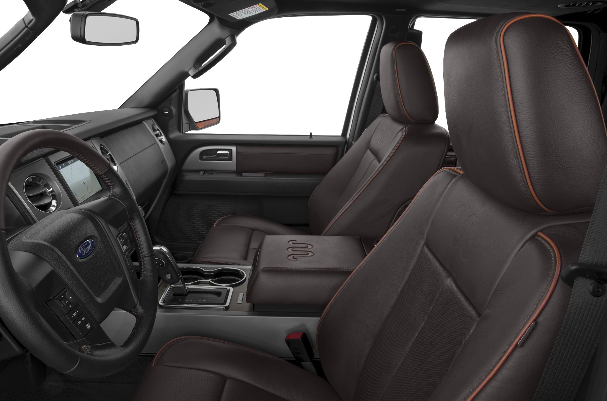 Premium brown leather SUV interior with spacious front seats and center console