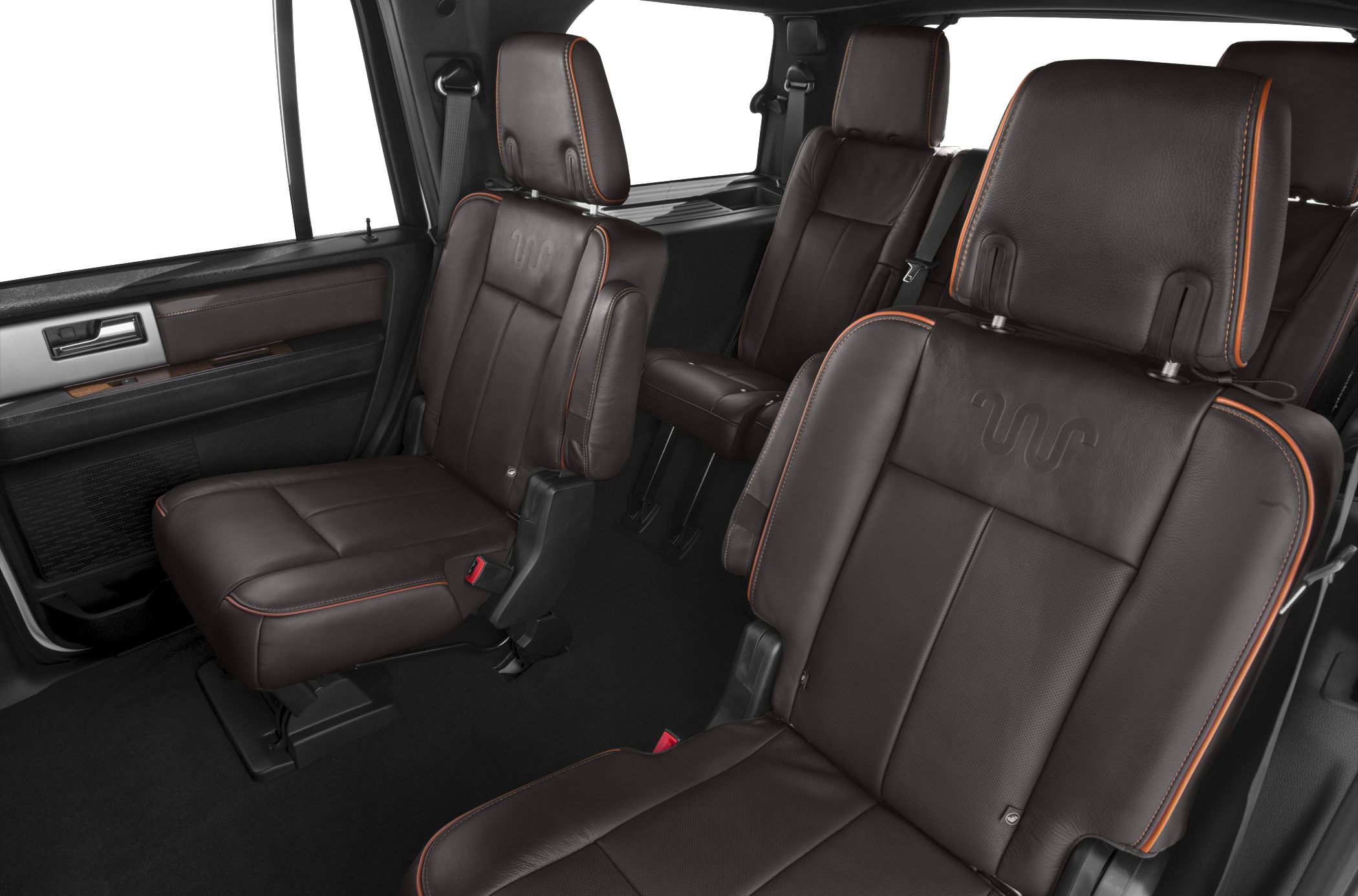 Rear leather seats with orange stitching and spacious setup