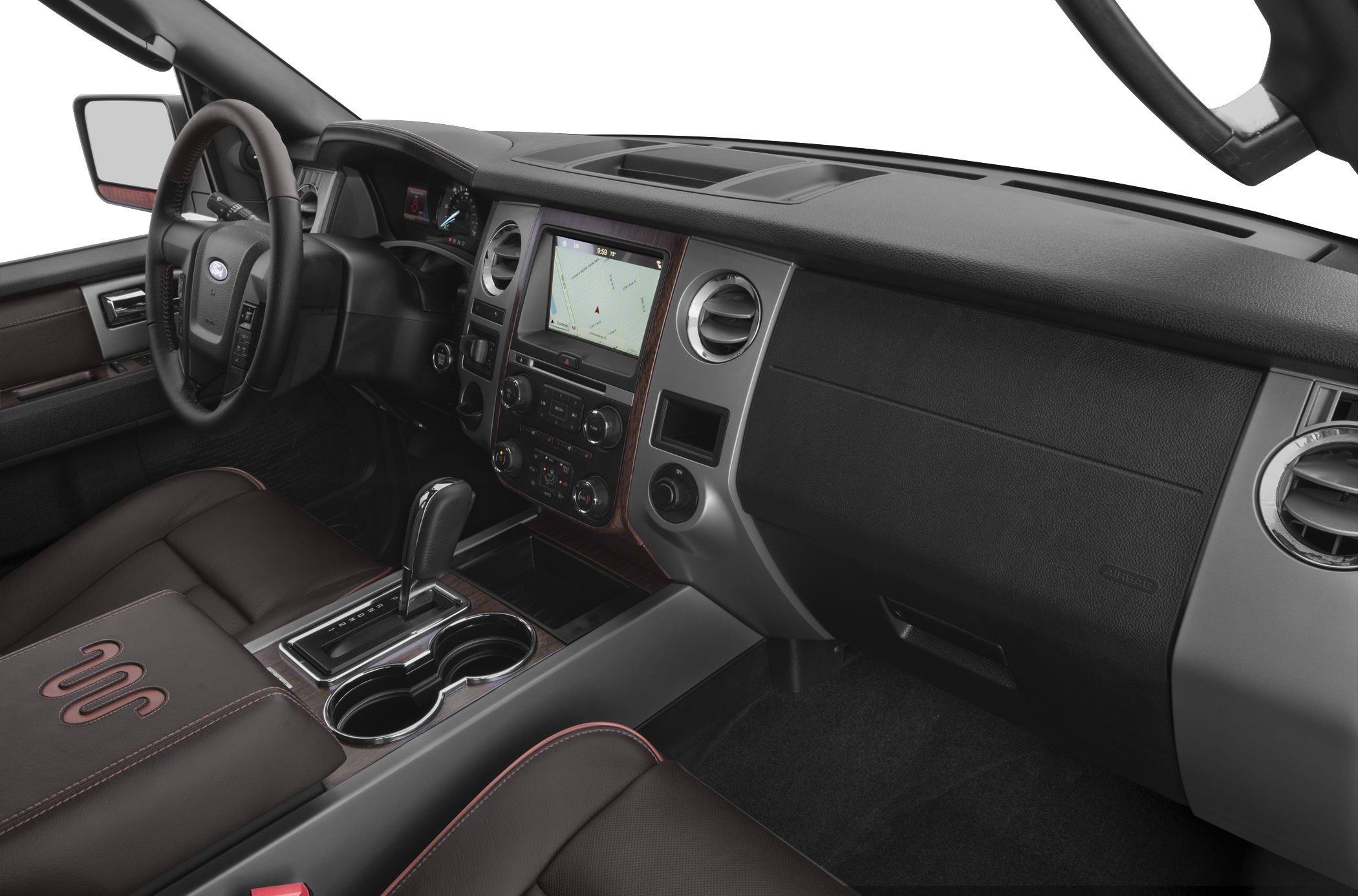 Interior dashboard and center console with navigation touchscreen and leather seats