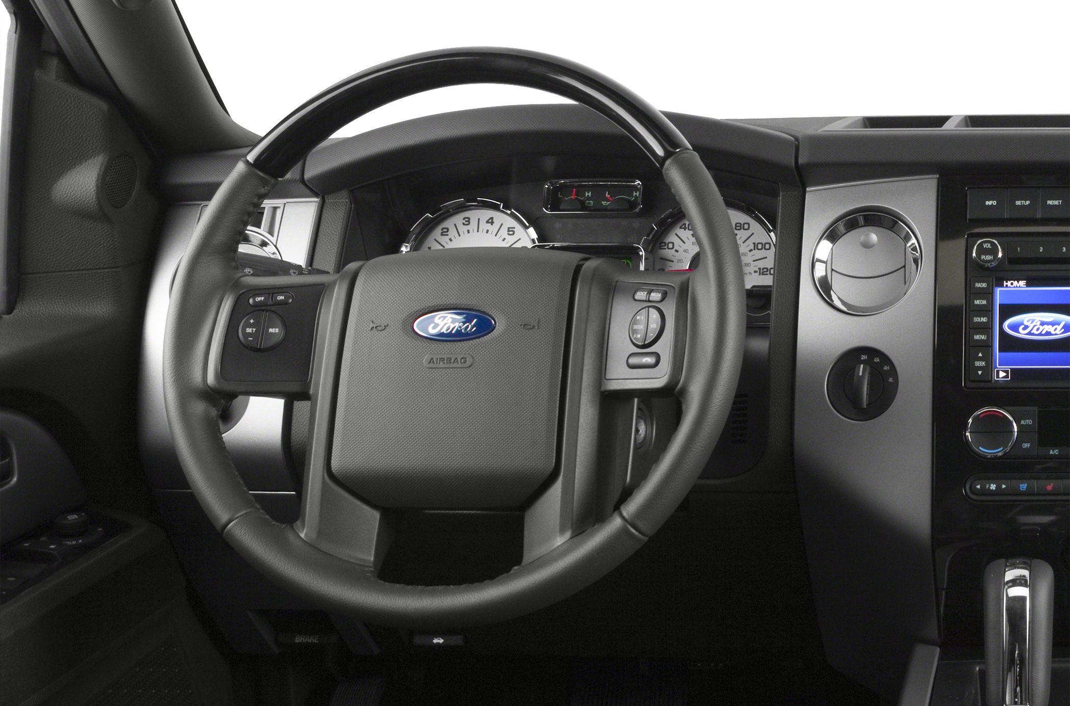 Steering wheel with controls, instrument cluster, dashboard interface