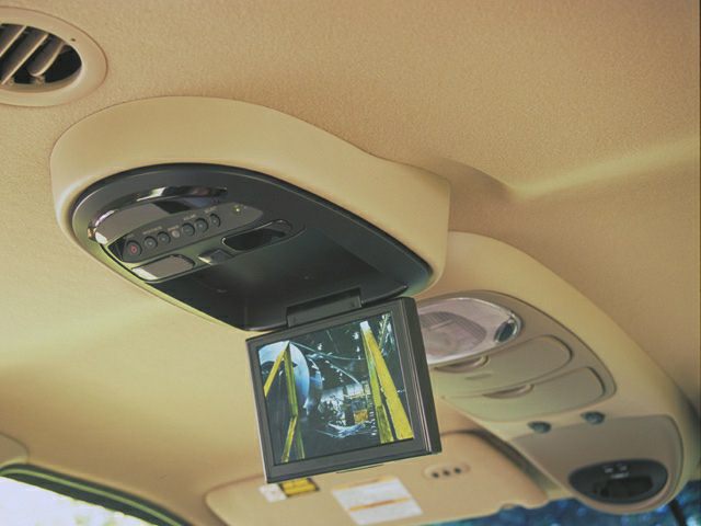 Overhead flip-down entertainment monitor inside SUV roof console
