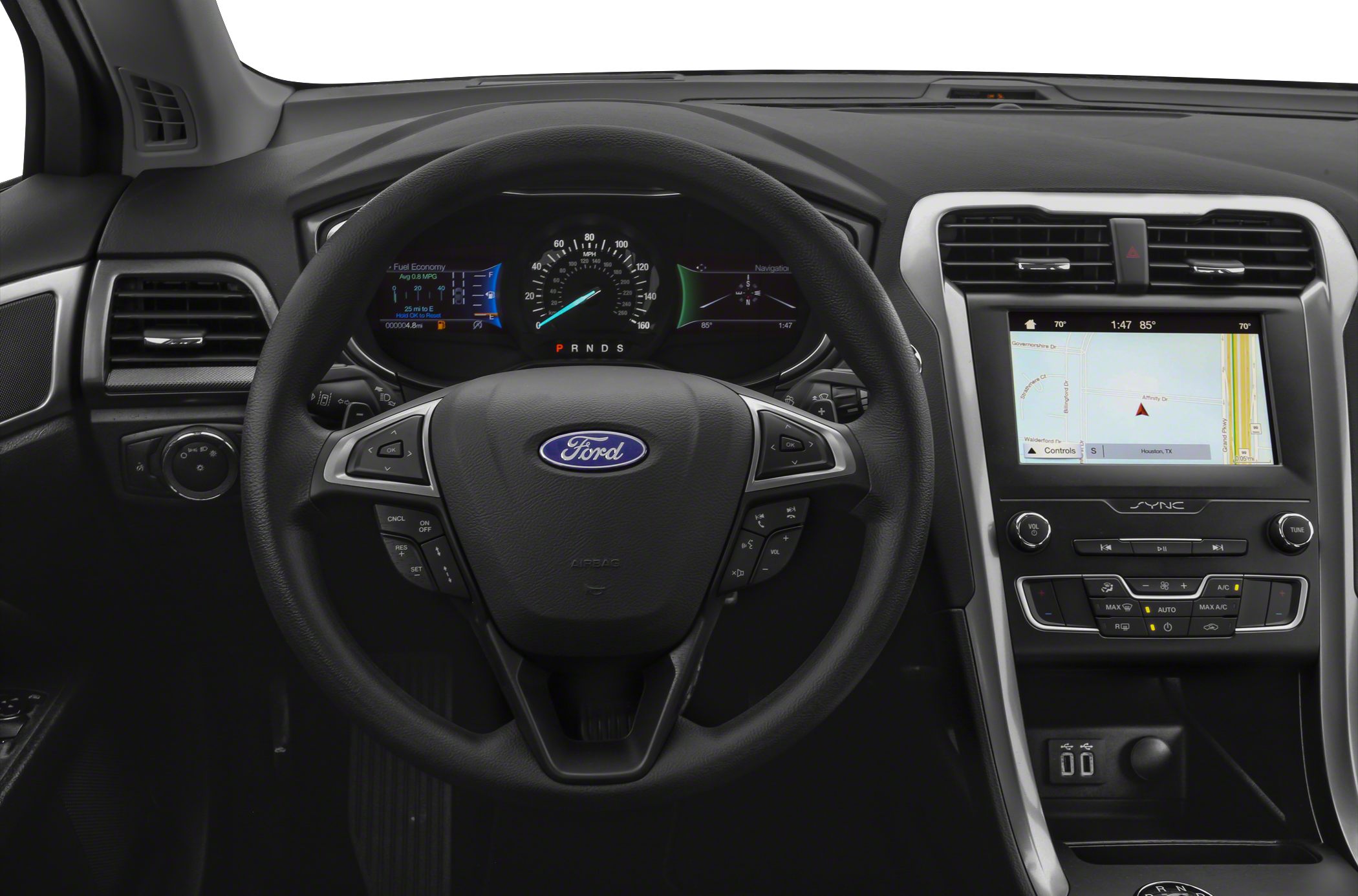 Steering wheel with controls and touchscreen navigation display