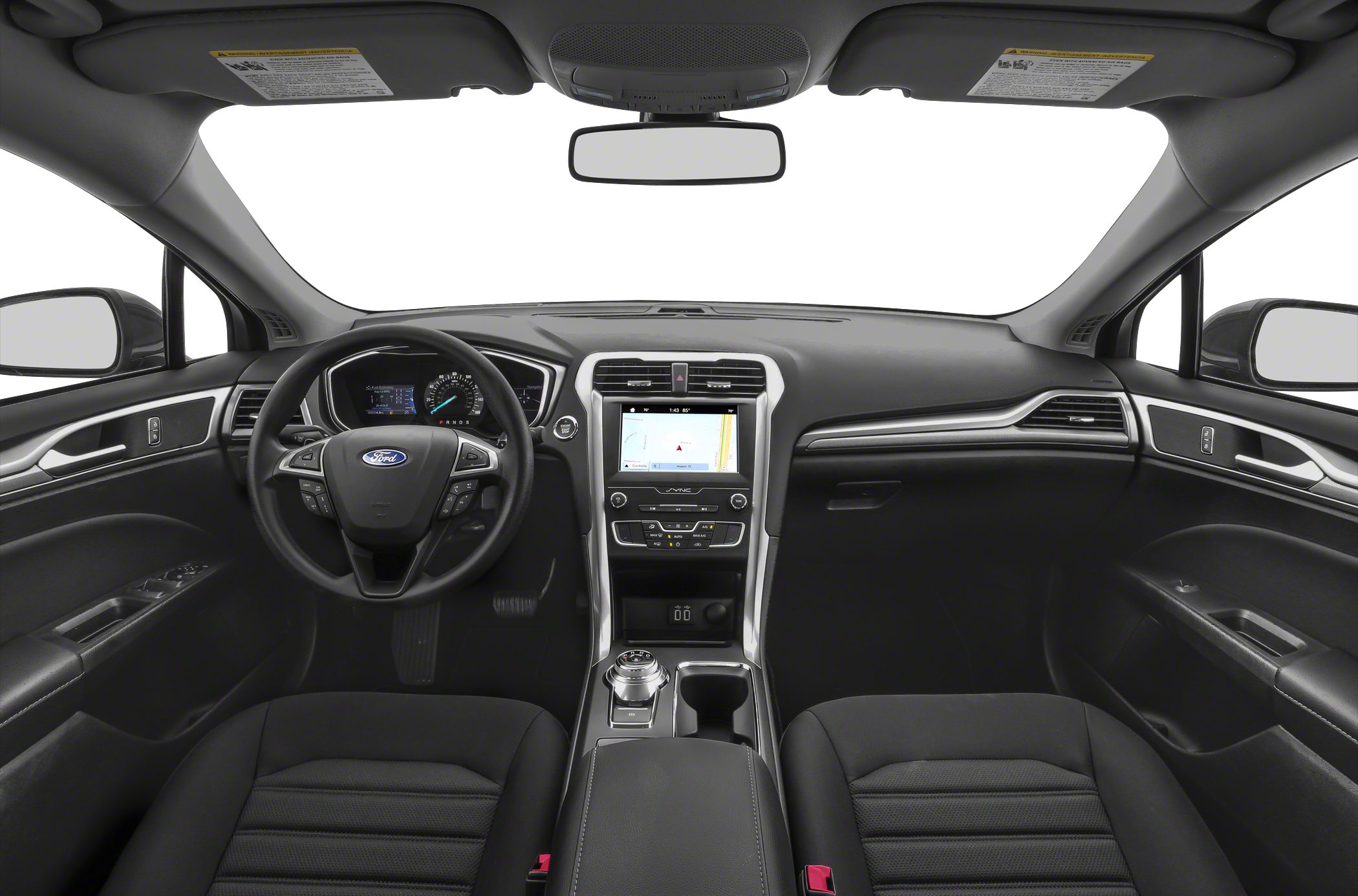 Dashboard with touchscreen, rotary gear selector, and ergonomic steering wheel
