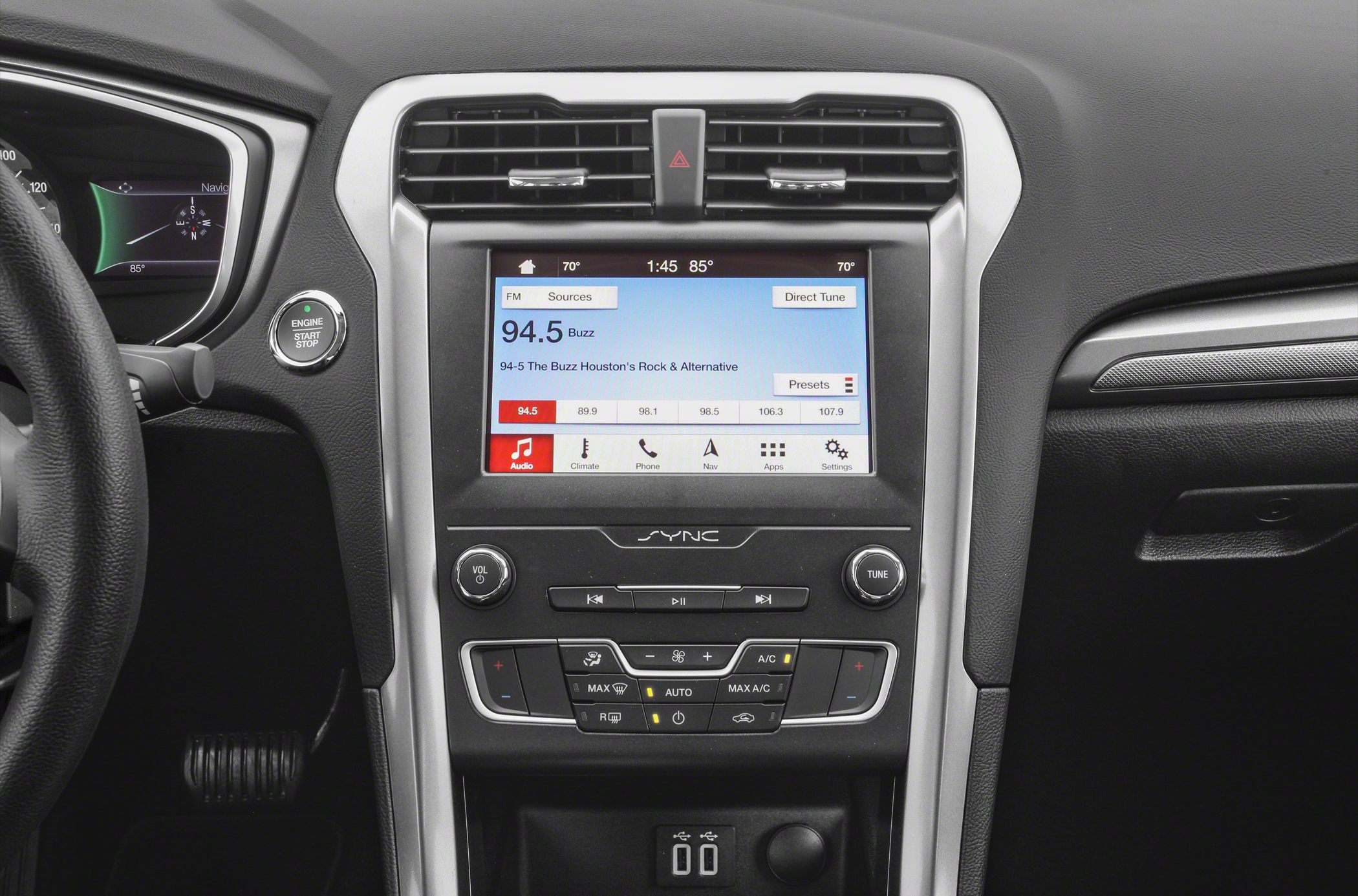 SYNC infotainment screen, climate control panel, engine start-stop button